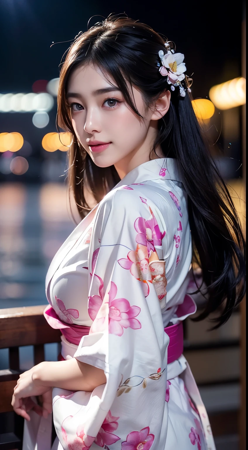 (logo、masterpiece、8k、Tabletop、RAW Photos、wonderful、最high quality、フォトリアリスティックでVery detailedな CG 複合 8k 壁紙、high quality、Very detailed、Narrative poem、Particle Effects、Dynamic Effects、Depth of the Boundary、Cinematic Light、Lens flare、Ray Tracing)、 (One beautiful woman wearing a yukata、White yukata、Light purple pattern)、Black-haired、High definition skin、Very fine、Fine skin texture、Beautiful Face、True Face、Beautiful details in the eyes、Realistic eyes、Beautifully detailed eyes、Realistic Skin、Beautiful Skin、Surreal、Smiling Eyes、Hair and light eyes、vivid、Colorful lights and bokeh、plump lower lip、Pink Lips、Hair flutters in Wind、Hair bounces、wonderful景色、night、evening、Wind、moonlight、moonlight、light