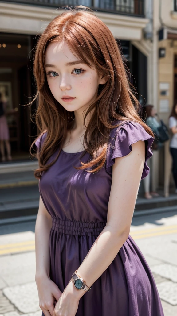 Beautiful redhead girl, rosy cheeks, purple dress watch on the wrist and watching a kitten walking through the square