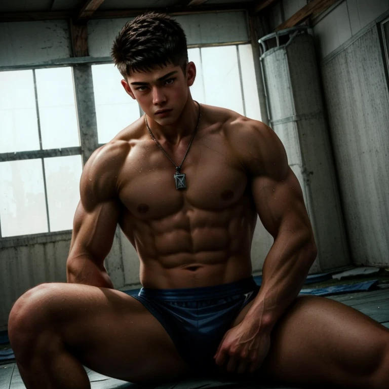 a highly detailed realistic image of a handsome and strong white anime boy of with and a strong athletic body, wearing a mma outfit. sitting in rain in a abandoned dojo, athletic, powerful, agile, highly detailed abdomen and chest highlights, his physical powers are clearly shown, cute, masculine beauty, wearing a pendant