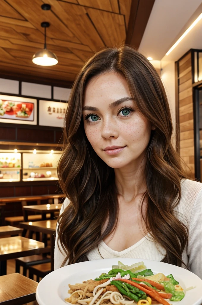 A 35 year old woman, with the following features: big green eyes, thin eyebrows, Brown hair, long and wavy, thin nose with freckles, lips a little thick, White skin, height of 1,60m, medium thin build.
Also, the background is an Asian food restaurant..