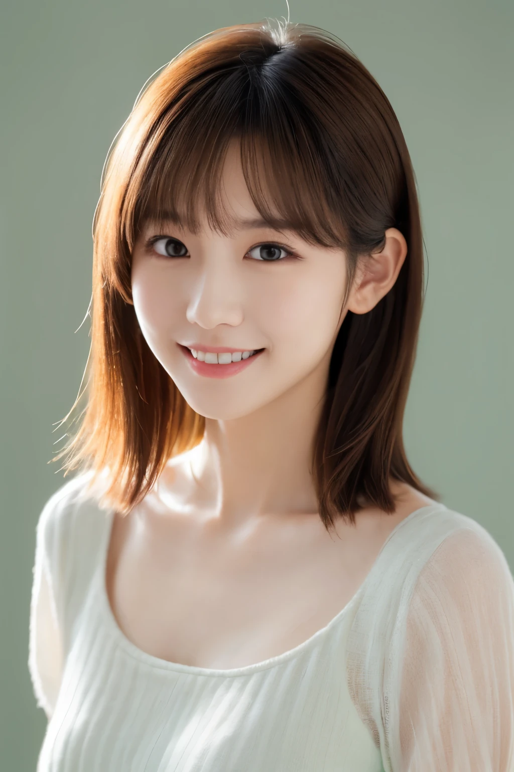 One Girl, (Dress casually, Pastel colored clothes:1.2), (Beautiful Japanese idol portrait photos),
(Simple background in light colors:1.3),
(RAW Photos, Highest quality), (Realistic, photo-Realistic:1.4), masterpiece, 8K Portrait,
Very delicate and beautiful, Very detailed, 2k wallpaper, wonderful, In detail, Very detailed CG unity 8k wallpaper, 
Very detailed, High resolution, 
Soft Light, Beautiful detailed girl, Very detailed eyes and face, Beautiful and sophisticated nose, Beautiful attention to detail,
Cinema Lighting, Perfect Anatomy, 
Slender body, Small breasts, Medium Hair, Bokeh, Dynamic Angle, A light smile,