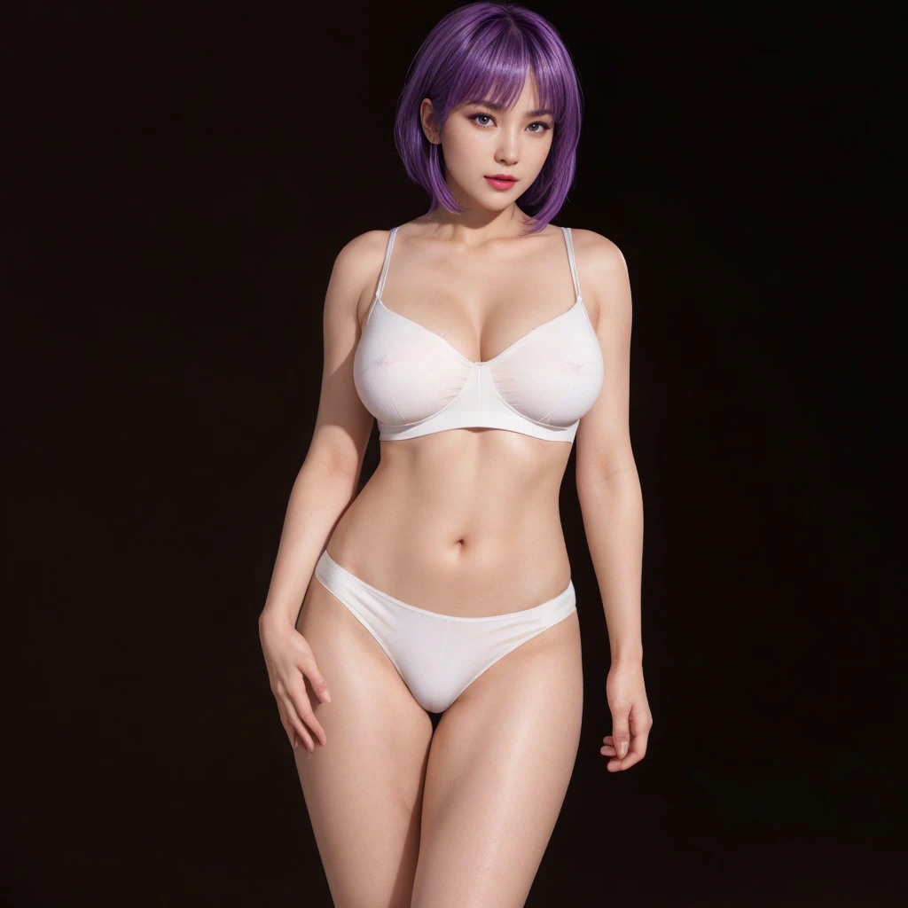 Ayane, Purple hair, (best quality, Ultra-detailed), (realistic:1.37), beautiful and detailed face, ultra-realistic texture, delicate face, delicate body, red lipstick, long-lasting colors. high definition, 8K.