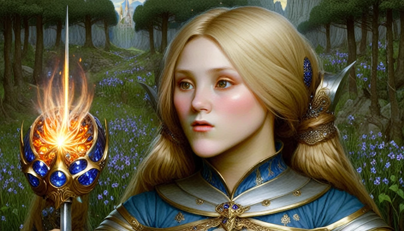 Highly detailed, UHD, 32k, medieval fantasy, British vintage fairy tale illustration, exuding a sense of magic and wonder, inspired by a variety of sources, including Japanese prints and the Pre-Raphaelite movement. a 21 years old blond human female chubby villager, she is not beautiful, her face is dull and plain, she is clad in a bluish metal shining plate armor, on her head she is wearing a blackish metal helmet with orange accents, and in her right hand she is holding a magical staff. At the top of the staff there is a magical crystal that emits flames. Behind her is the army of her kingdom, ready for battle