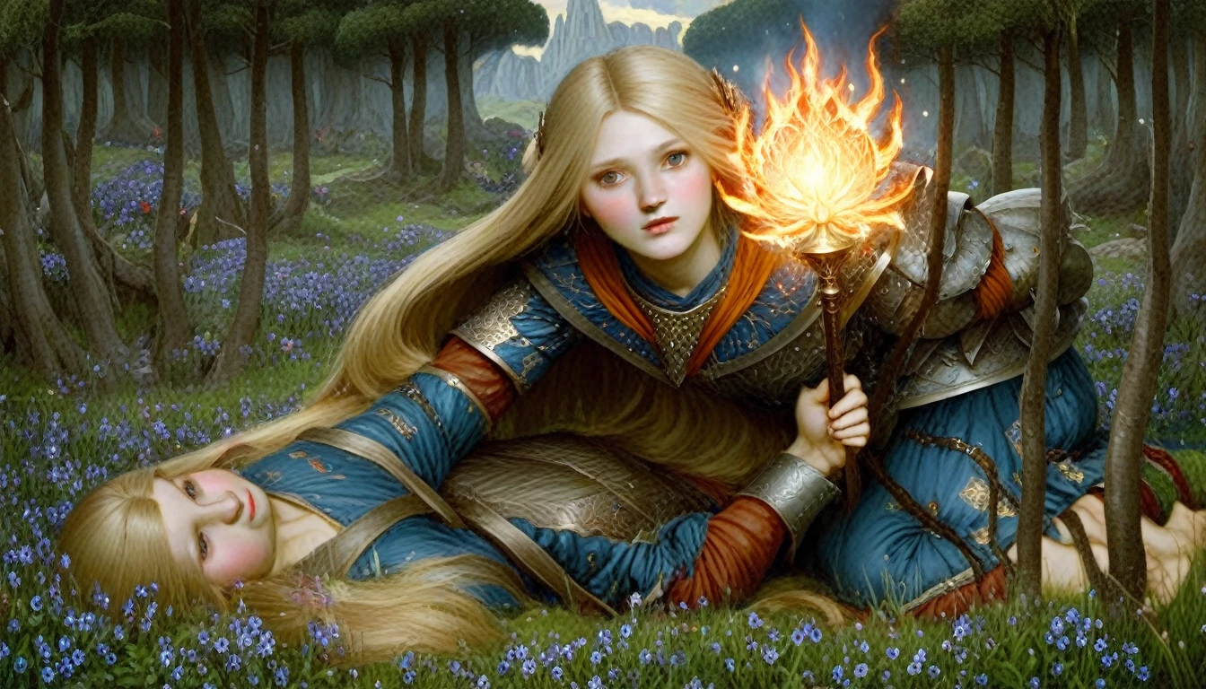 Highly detailed, UHD, 32k, medieval fantasy, British vintage fairy tale illustration, exuding a sense of magic and wonder, inspired by a variety of sources, including Japanese prints and the Pre-Raphaelite movement. a 21 years old blond human female chubby villager, she is not beautiful, her face is dull and plain, she is clad in a bluish metal shining plate armor, on her head she is wearing a blackish metal helmet with orange accents, and in her right hand she is holding a magical staff. At the top of the staff there is a magical crystal that emits flames. Behind her is the army of her kingdom, ready for battle