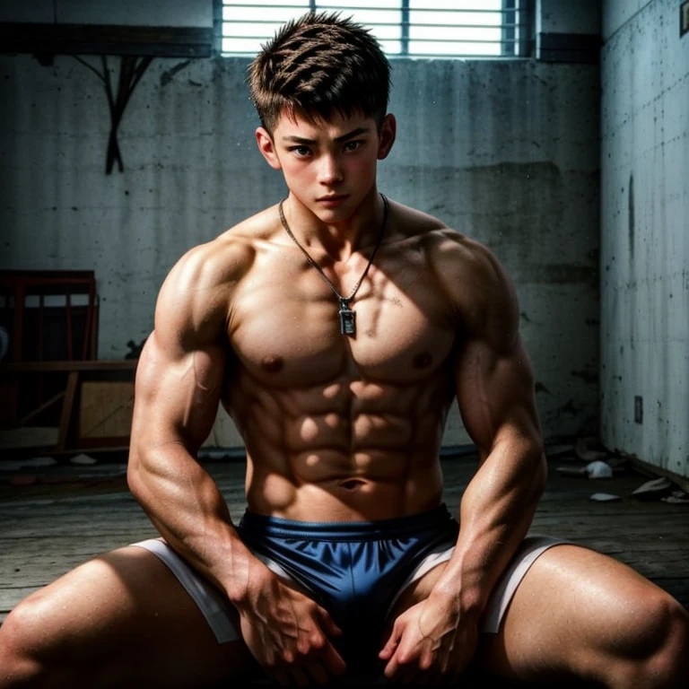 a highly detailed realistic image of a handsome and strong white anime boy of 15 years old with and a strong athletic body, wearing a mma outfit. sitting in rain in a abandoned dojo, athletic, powerful, agile, highly detailed abdomen and chest highlights, his physical powers are clearly shown, cute, masculine beauty, wearing a pendant