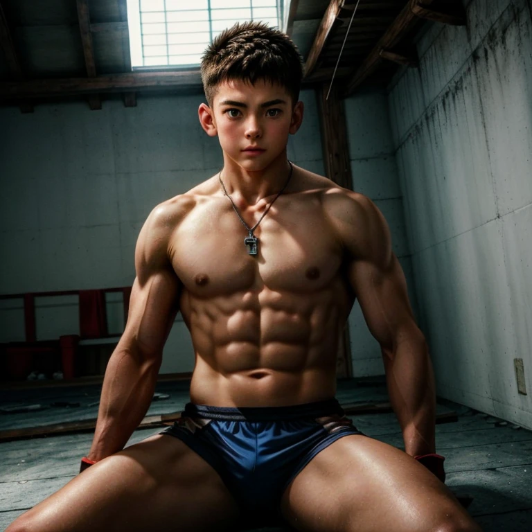 a highly detailed realistic image of a handsome and strong white anime boy of  with and a strong athletic body, wearing a mma outfit. sitting in rain in a abandoned dojo, athletic, powerful, agile, highly detailed abdomen and chest highlights, his physical powers are clearly shown, cute, masculine beauty, wearing a pendant