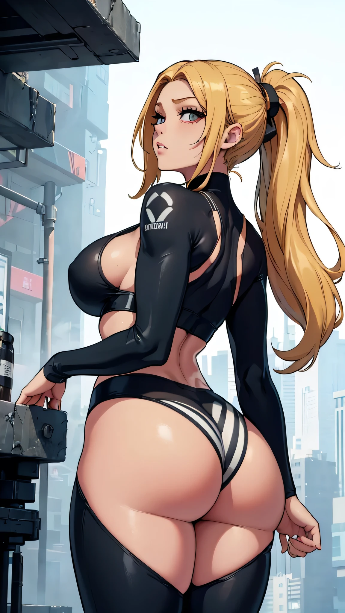 (((Perfect figure,figure,solo, White and tender skin,(((cyberpunk,Black yoga pants,Striped top ))),(((MiaChadef, long hair, blonde hair, brown eyeasterpiece)),high resolution, ((Best quality at best)),masterpiece,quality,Best quality,((( Exquisite facial features,Looking at the audience,There is light in the eyes,(((lol,Happy,))),))),(((Light and shadow,Huge breasts))),(((Looking at the camera,White background,fitness,In motion,From the back,Looking up,plump ass))))