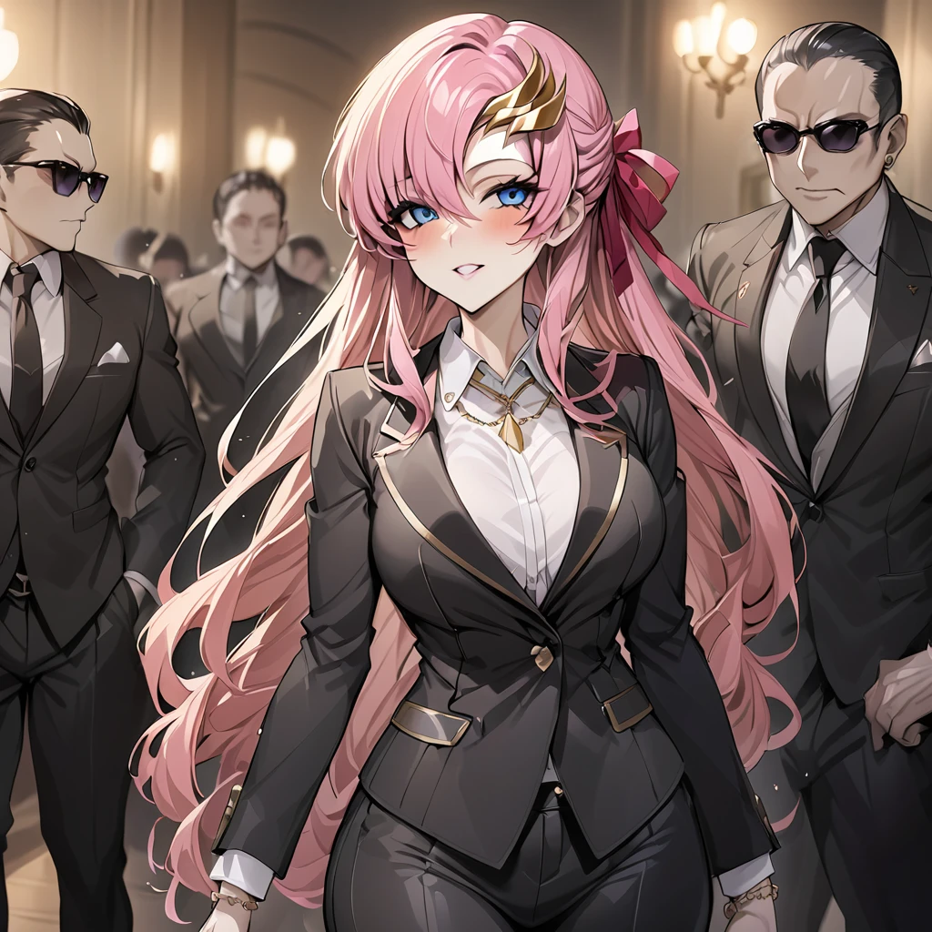 ((Highest quality)), ((masterpiece)), (detailed), （Perfect Face）、The woman is Lacus Clyne, a villainous mafia woman with blue eyes and medium-long pink hair, wearing a black suit, sunglasses, and luxurious accessories.、She is being held close by the mafia boss、The woman is a ruthless mafia member who swears absolute loyalty to the mafia and her boss.