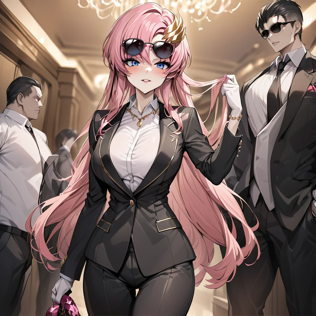 ((Highest quality)), ((masterpiece)), (detailed), （Perfect Face）、The woman is Lacus Clyne, a villainous mafia woman with blue eyes and medium-long pink hair, wearing a black suit, sunglasses, and luxurious accessories.、She is being held close by the mafia boss、The woman is a ruthless mafia member who swears absolute loyalty to the mafia and her boss.