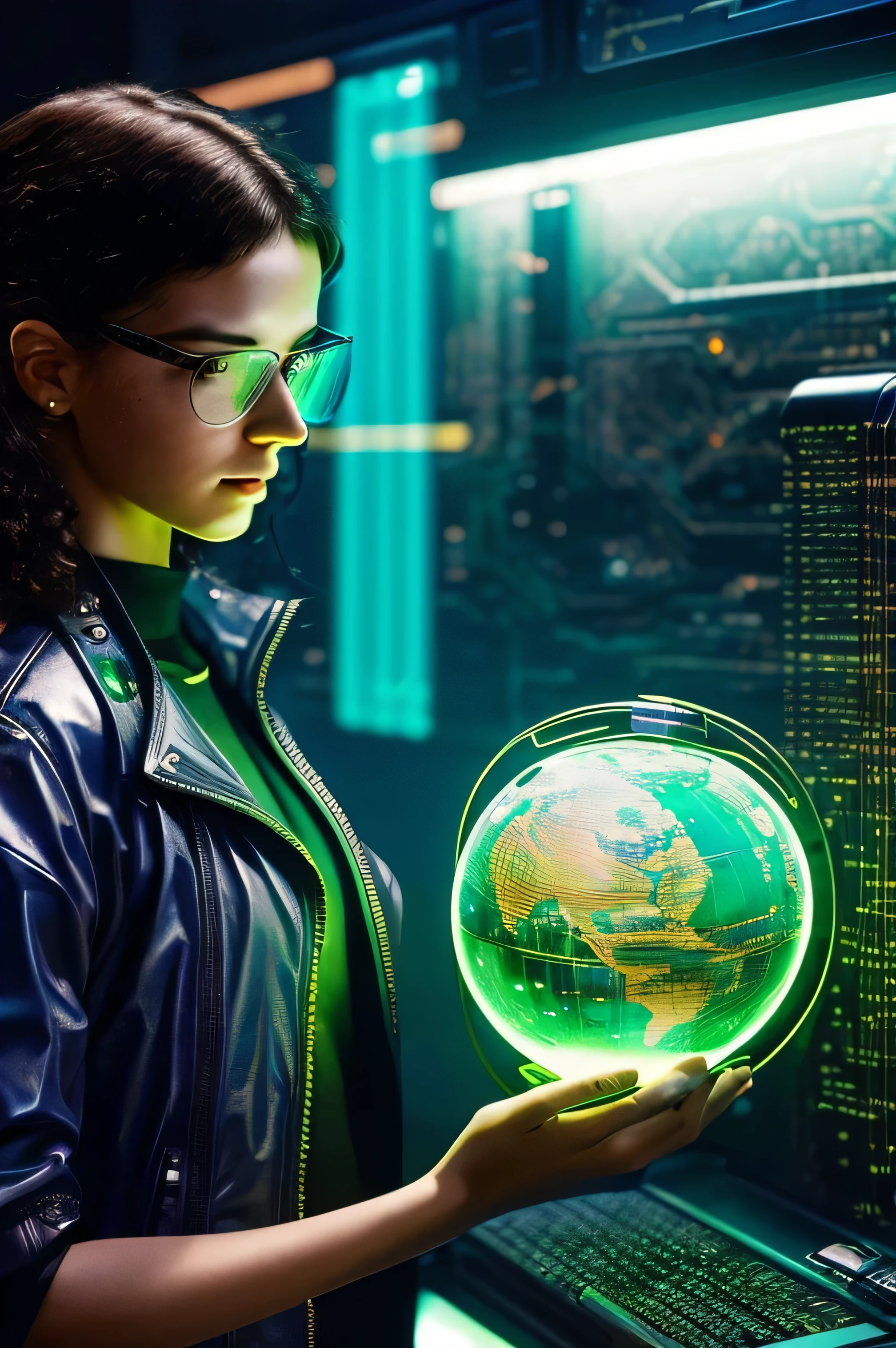 Cyberpunk style, a female AI engineer showcasing a nearly translucent holographic globe. She has curly brown hair and very bright green eyes, detailed intricate details, highest quality, extreme detail quality, complex composition. Artists: Syd Mead, Masamune Shirow, Jean Giraud.