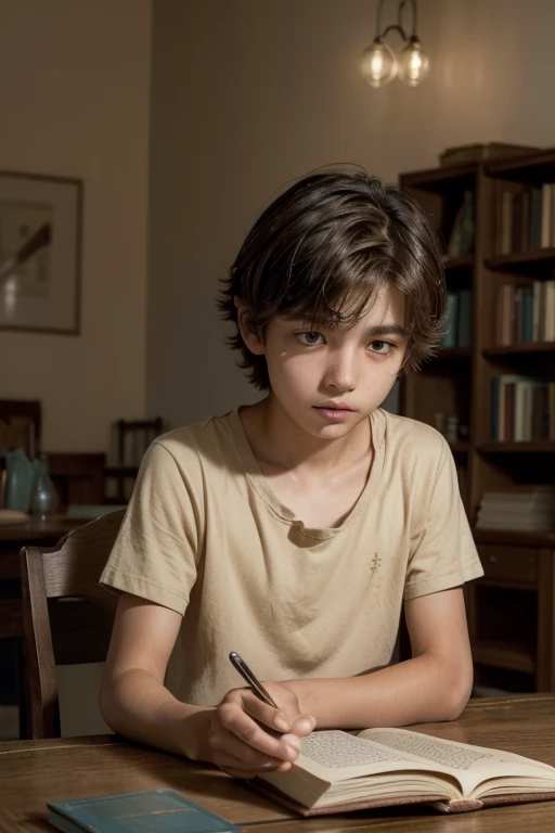 ((Dri, a boy, light tan, short straight brown hair, who is sitting at a small, old table, with an open book in front of her. The lighting is dim, looking at book. The surrounding environment is simple, with worn furniture and few objects.))