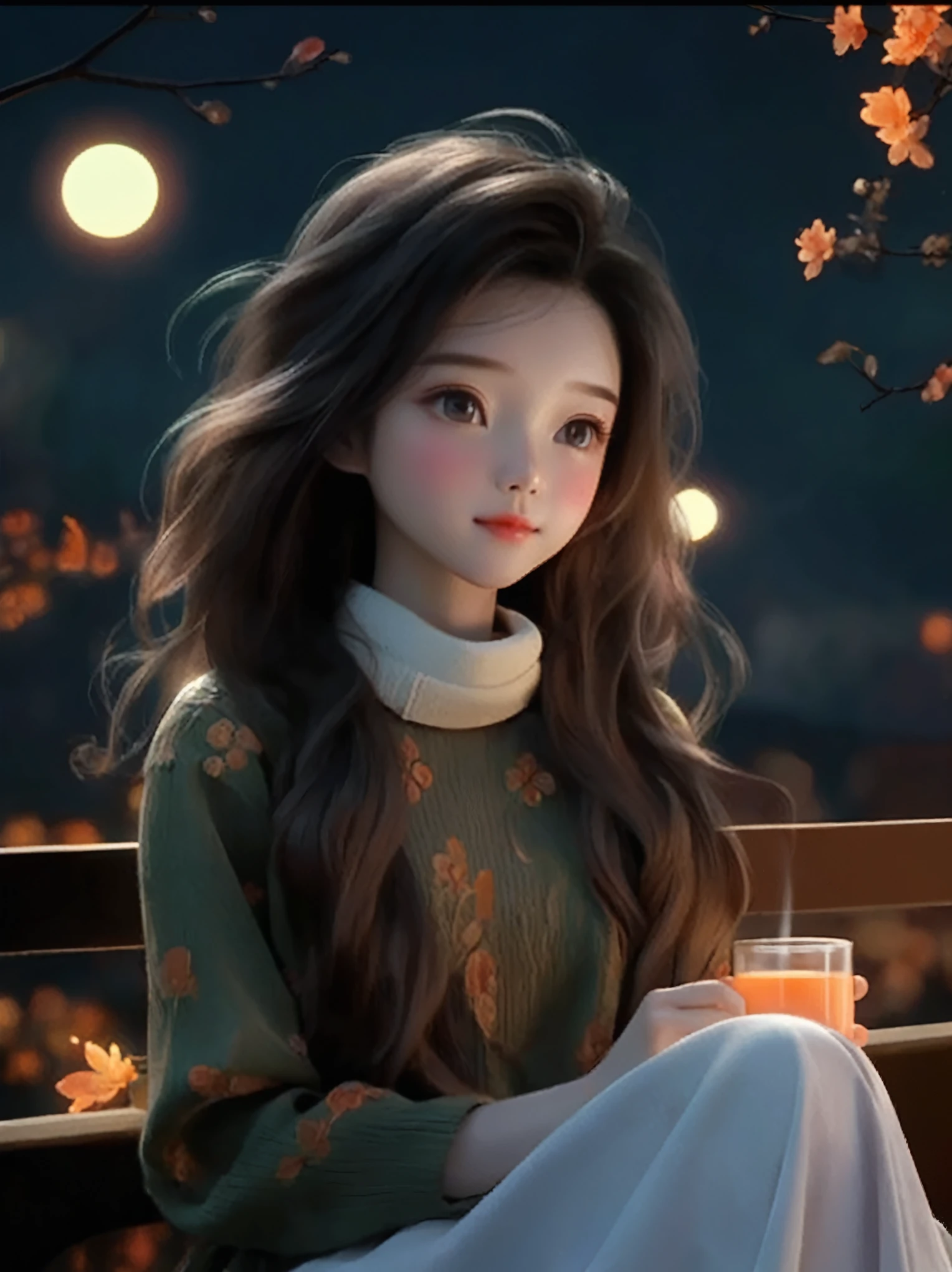 A long-haired girl sitting on a bench，Holding a cup in hand, charming细致的数字艺术, charming的数字艺术, charming卡通 character, charming的肖像, charming卡通, charming的角色, Soft portrait shots 8 k, charming的数字, charming的 3d 渲染, charming, charming的动漫女孩, charming美丽, Beautiful soft lighting, charming, charming的卡哇伊女孩