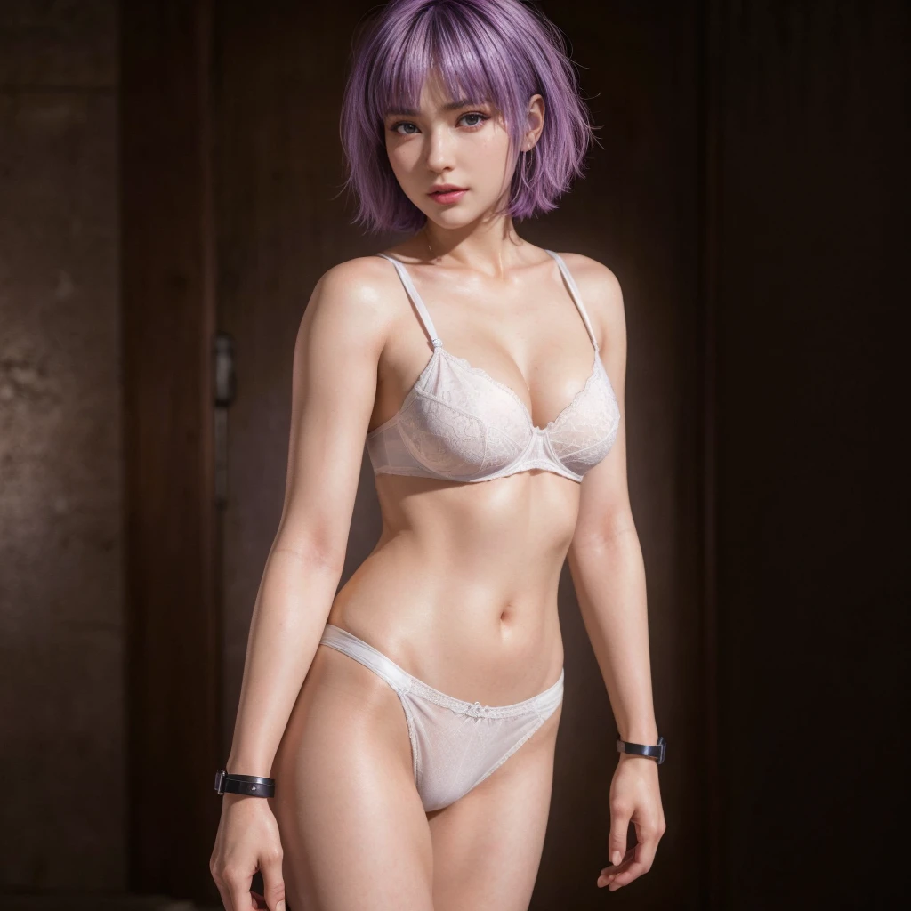 Ayane, Purple hair, (best quality, Ultra-detailed), (realistic:1.37), beautiful and detailed face, ultra-realistic texture, delicate face, delicate body, red lipstick, long-lasting colors. high definition, 8K.