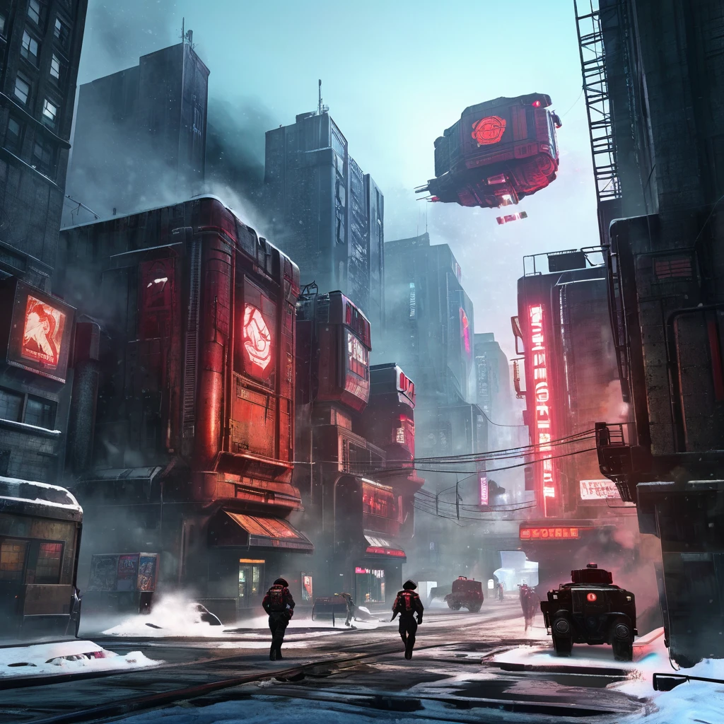 City, snow, black builds, based in wolfenstein game, airship on fire, retrofuturistic, robots diesel punk aesthetic in the streets, caos, art deco, destruction, soldiers running, caos, 40's aesthetic, surronded by a giant steel wall, neon red lights, comics art style