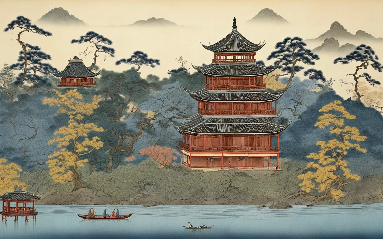arafed image of a pagoda in Ha Noi Viet Nam, inspired by Koson Ohara, inspired by Utagawa Hiroshige II, inspired by Ohara Koson, japanese woodblock print style, japanese landscape, japanese inspired poster, inspired by Hiroshige, japanese art style, katsushika hokusai style