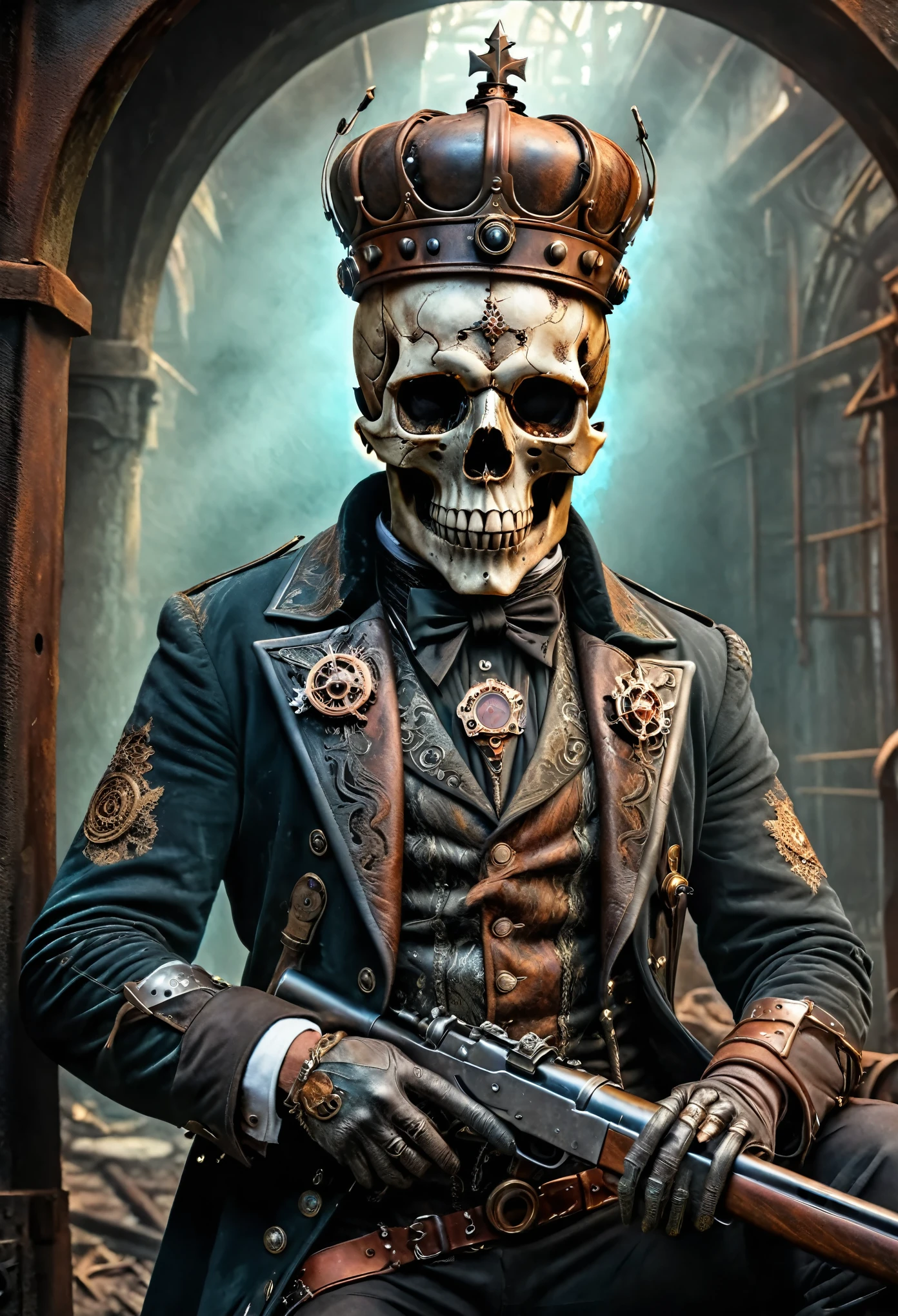 (Realisttic:1.2), analog photo style, (steampunk King of deads, full body shot, ultra detailed skull face, rusty metal crown, hilding antique rifle, detailed perfect eyes, cover, fantasy aura, retro aesthetic, epic realistic photo, colorfull, hyperdetailed, cinematic, dramatic light, intricate details, natural skin texture, hyperrealism, (a perfect combination of steampunk and darkness), faded colours, great quality, Masterpiece, intricate fantasy background, naturally cinematic light, 16k quality, HDR, modern analog photo, lomography colors, vintage warm, dark vignette