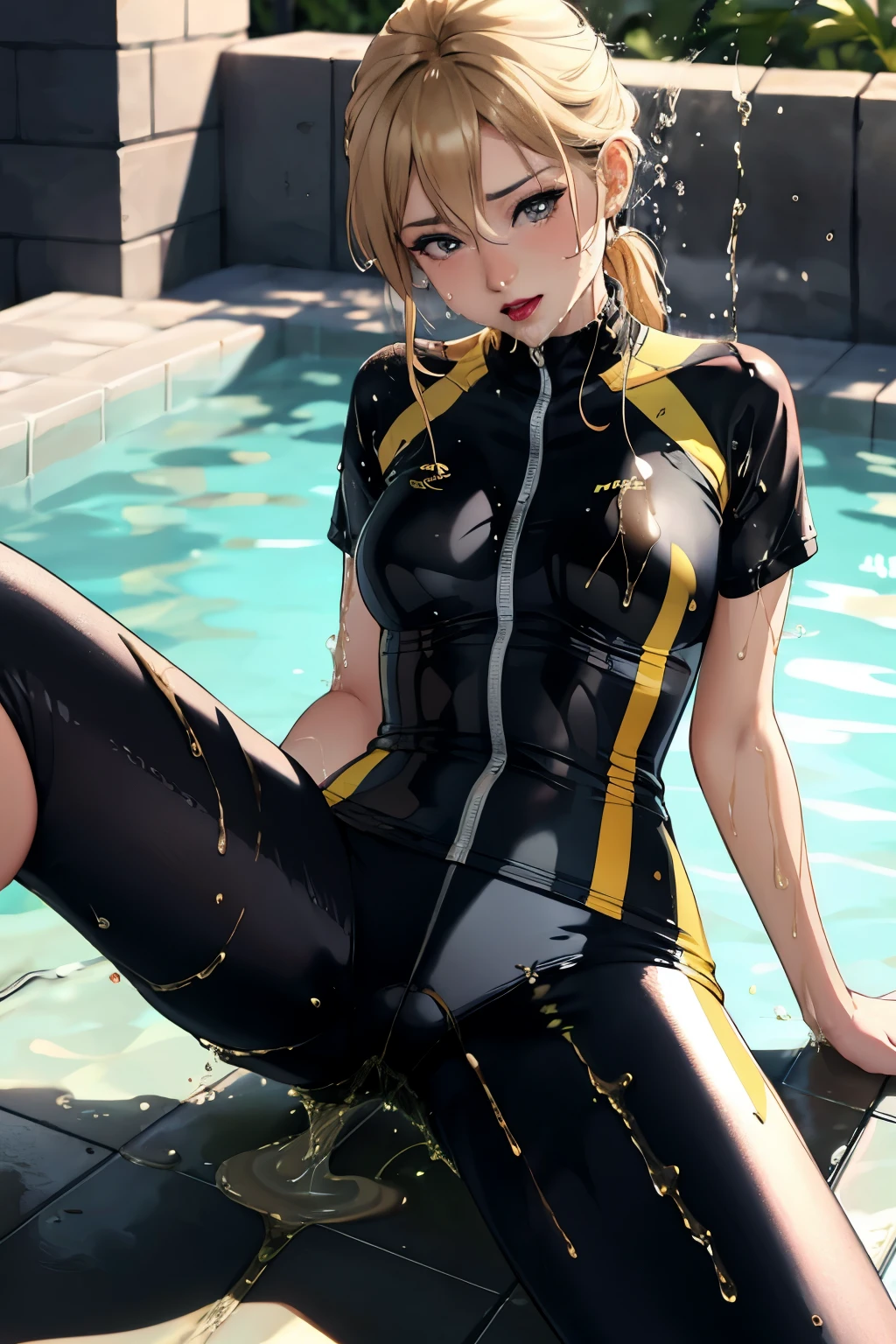 anime, best quality, high quality, highres, beautiful women, tanned gyaru, blonde hair, high detail, good lighting, lewd, hentai, (((shiny spandex short-sleeved cycling suit))), ((wet clothes)), ((soaking wet)), ((wetlook)), (bare thighs), (((wetting herself))), (((peeing herself))), (((peeing self))), (pee streaming down legs), peeing stain, (puddle), (thick thighs), nice long legs, lipstick, detailed face, pretty face, seductive face, aroused, sexually excited, ((in water bathing))