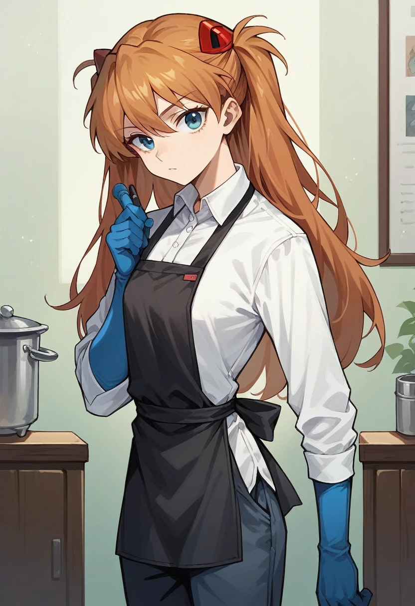 1girl, Souryuu Asuka Langley, ((blue half elbow gloves)), (white shirt), ((long sleeves)), (black apron), (pants), looking at viewer, standing, solo