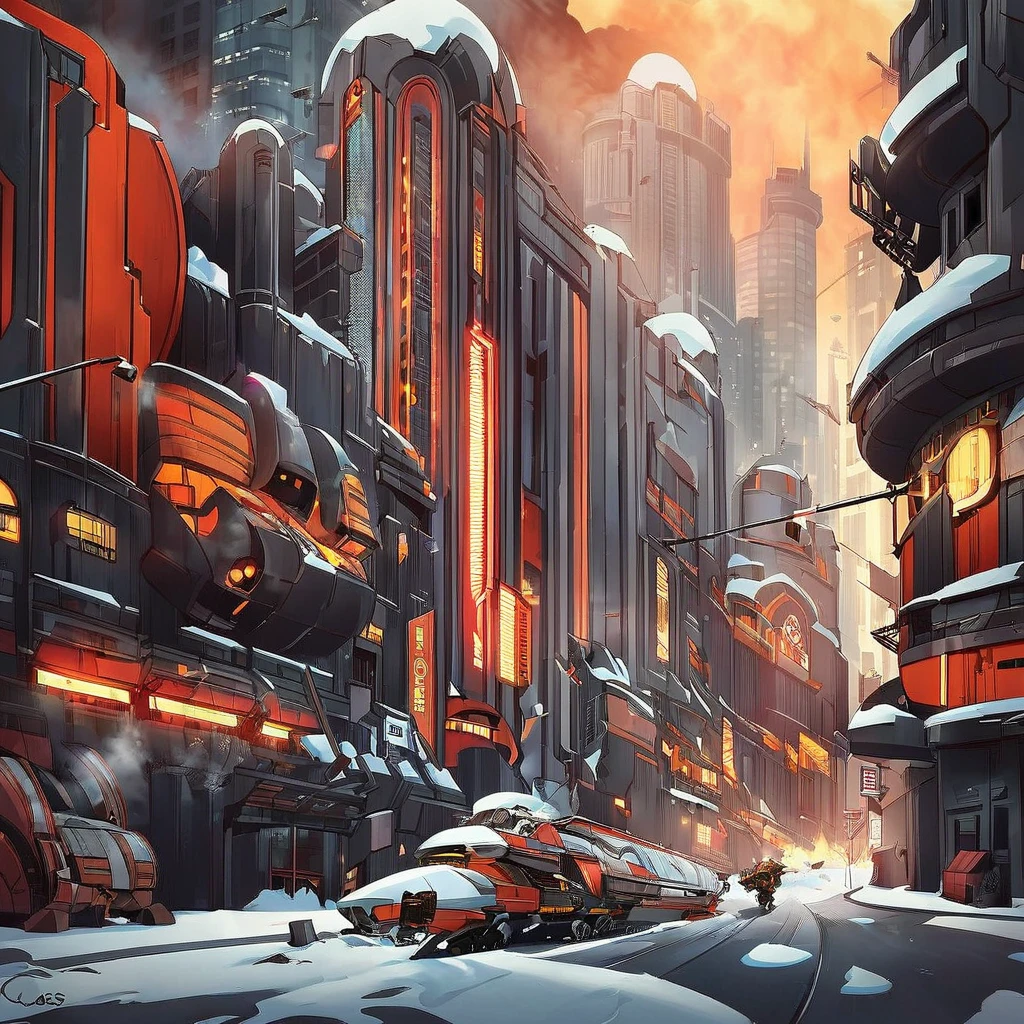 City, snow, black builds, based in wolfenstein game, airship on fire, retrofuturistic, robots diesel punk aesthetic in the streets, caos, art deco, destruction, soldiers running, caos, 40's aesthetic, surronded by a giant steel wall, neon red lights, comics art style