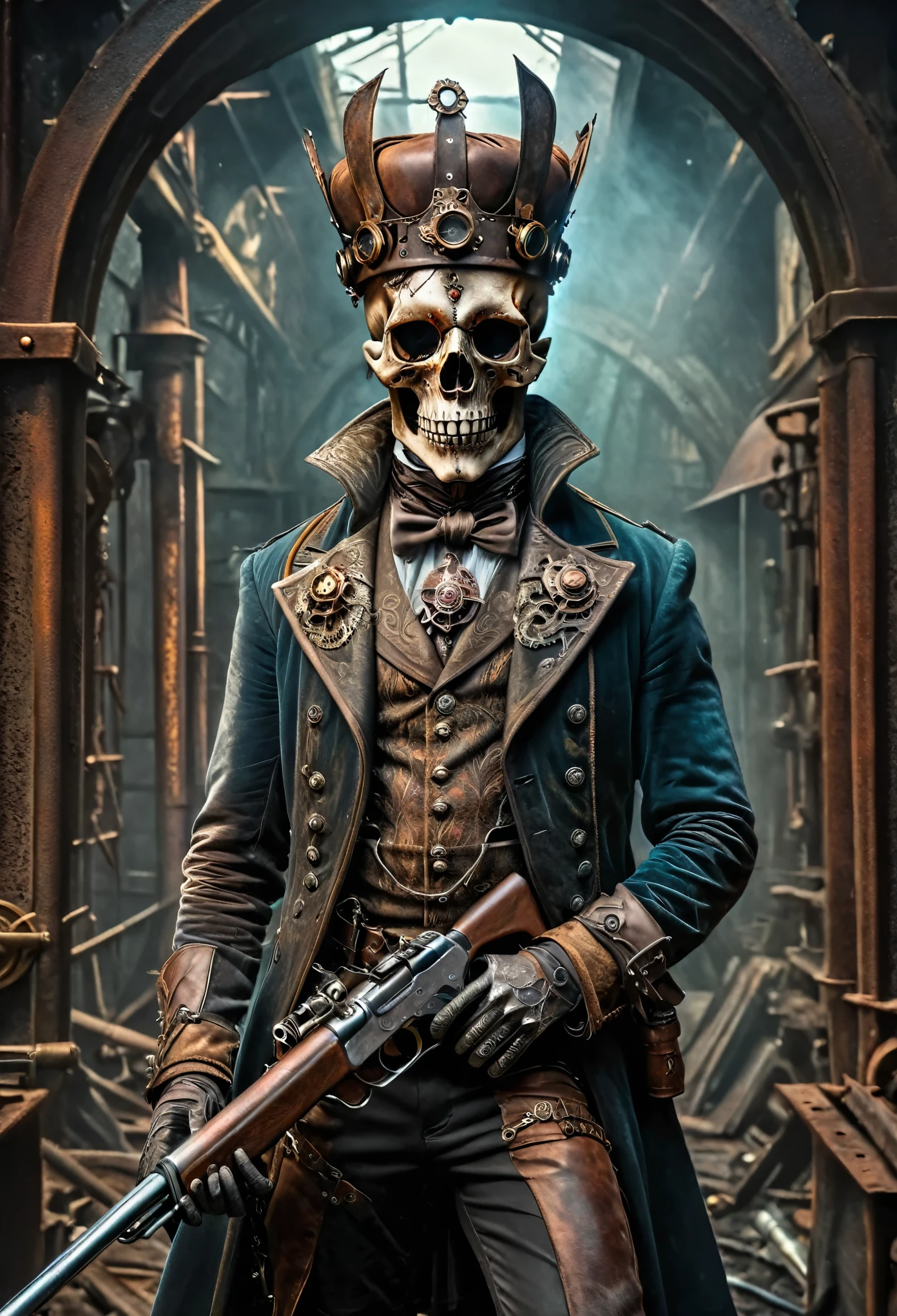 (Realisttic:1.2), analog photo style, (steampunk King of deads, full body shot, ultra detailed skull face, rusty metal crown, hilding antique rifle, detailed perfect eyes, cover, fantasy aura, retro aesthetic, epic realistic photo, colorfull, hyperdetailed, cinematic, dramatic light, intricate details, natural skin texture, hyperrealism, (a perfect combination of steampunk and darkness), faded colours, great quality, Masterpiece, intricate fantasy background, naturally cinematic light, 16k quality, HDR, modern analog photo, lomography colors, vintage warm, dark vignette