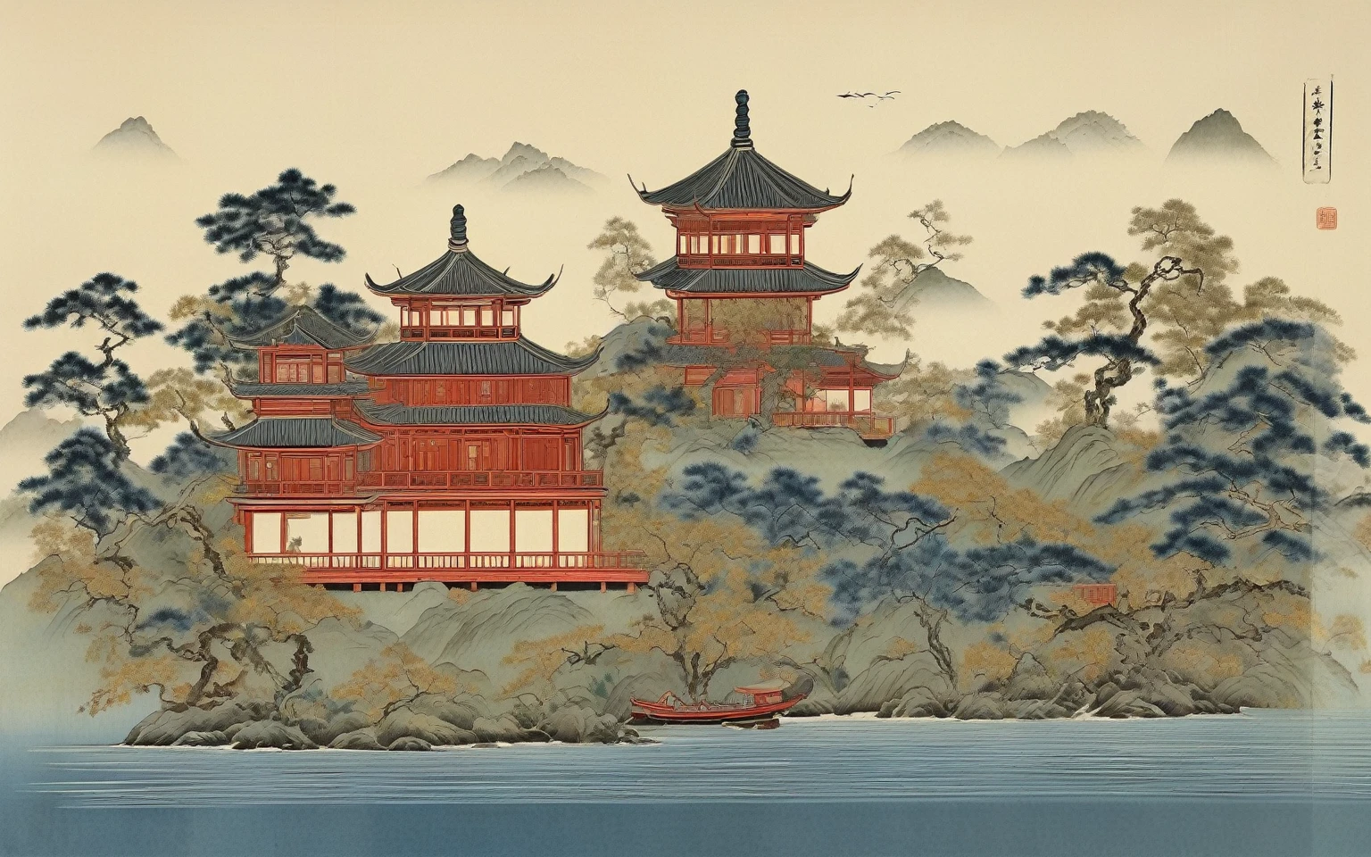 arafed image of a pagoda in Ha Noi Viet Nam, inspired by Koson Ohara, inspired by Utagawa Hiroshige II, inspired by Ohara Koson, japanese woodblock print style, japanese landscape, japanese inspired poster, inspired by Hiroshige, japanese art style, katsushika hokusai style