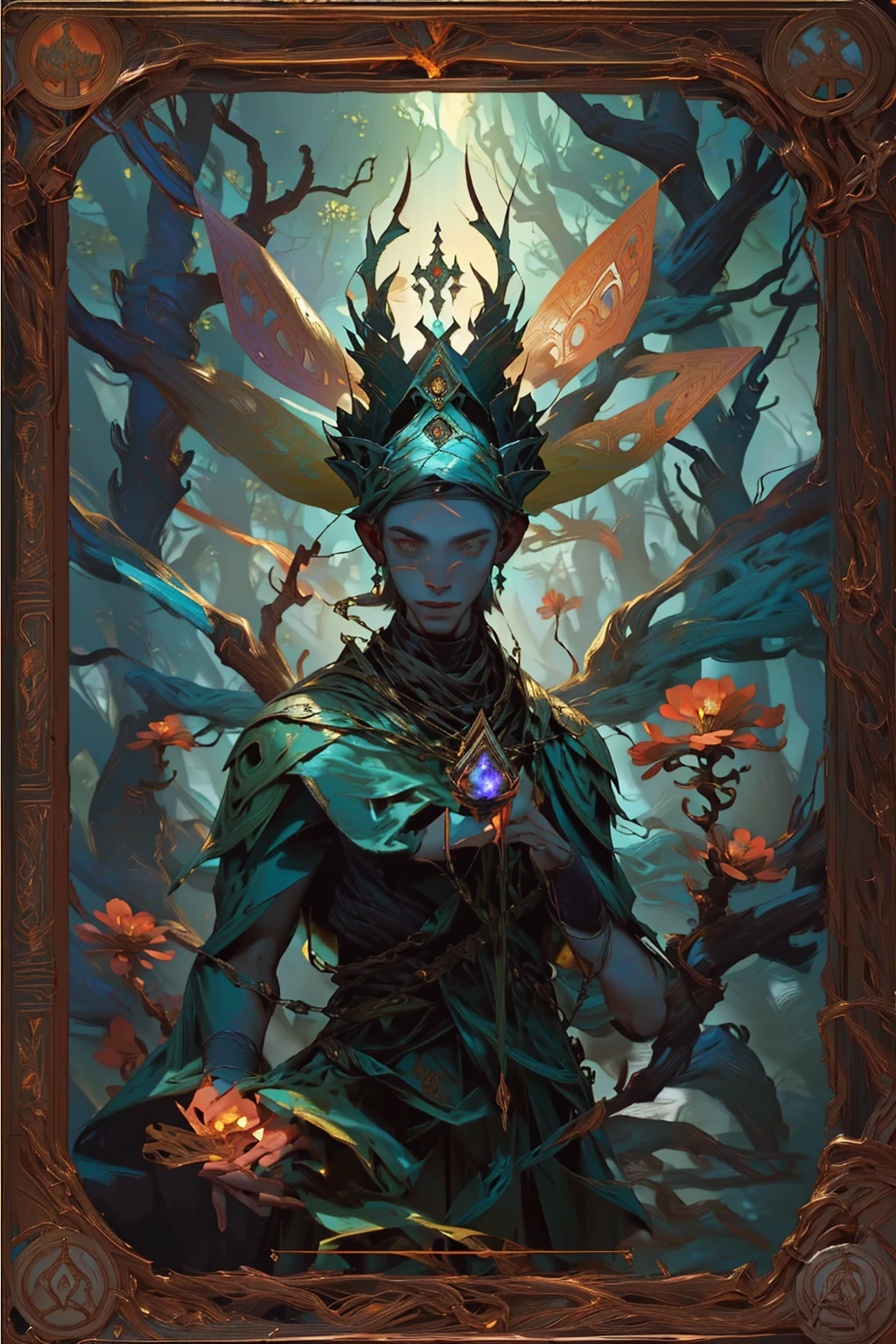arafed image of a male character with a crown and a flower, full art, dark flower shaman, magic the gathering card art, portrait of a forest mage, magic the gathering concept art, collectible card art, fantasy card game art, magic the gathering art style, magic : the gathering art, magic the gathering art, mohrbacher