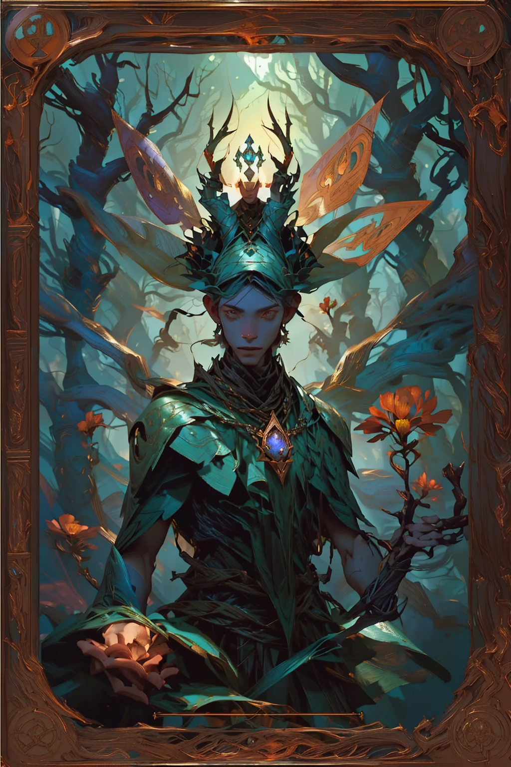 arafed image of a male character with a crown and a flower, full art, dark flower shaman, magic the gathering card art, portrait of a forest mage, magic the gathering concept art, collectible card art, fantasy card game art, magic the gathering art style, magic : the gathering art, magic the gathering art, mohrbacher