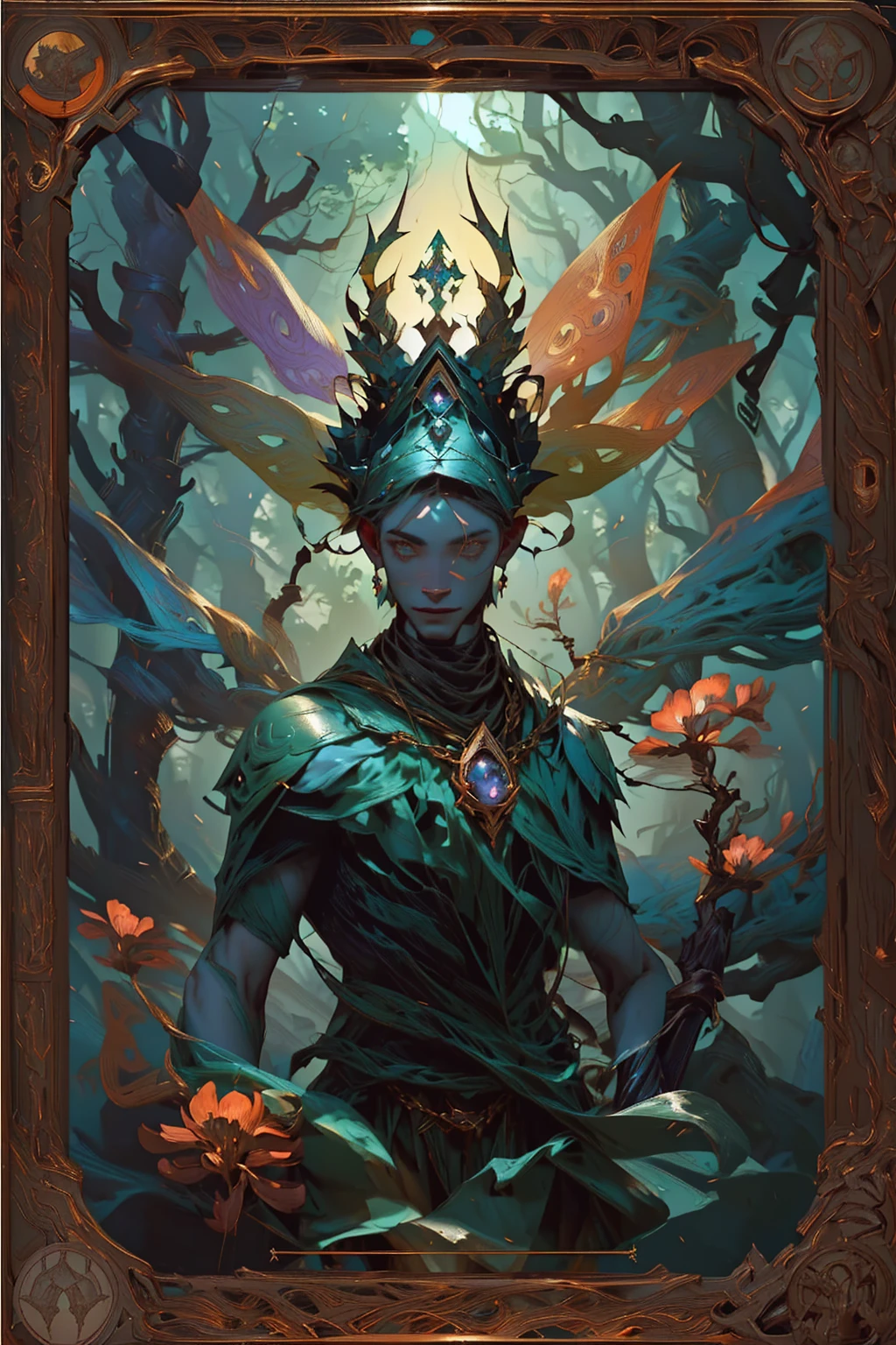 arafed image of a male character with a crown and a flower, full art, dark flower shaman, magic the gathering card art, portrait of a forest mage, magic the gathering concept art, collectible card art, fantasy card game art, magic the gathering art style, magic : the gathering art, magic the gathering art, mohrbacher