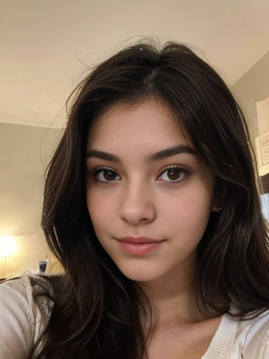 Photo of a 20-year-old brunette woman, who has a very natural face, thin lips, thin eyes, tthin eyebrows, fine nose, aretes, long eyelashes. She takes a cute selfie over coffee in bed