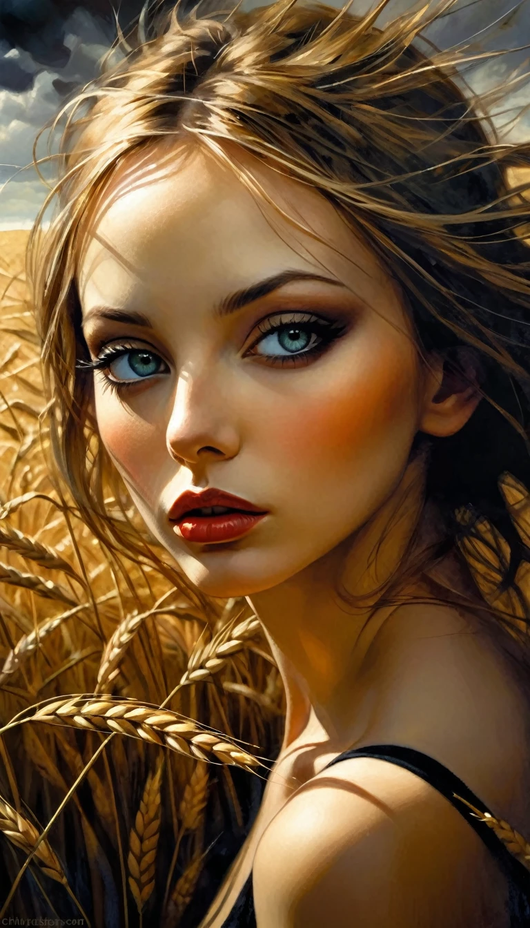 a sexy girl in the middle of a wheat field, serious, stare, dark clouds, eroticism, sexy image, black and white, between shadows, oil painting, chiaroscuro, sensual lighting, dramatic, moody atmosphere, (best quality,4k,8k,highres,masterpiece:1.2),ultra-detailed,(realistic,photorealistic,photo-realistic:1.37),intricate details,vivid colors,sharp focus,professional,Dave McKean artwork, oil touch of surrealism,oil painting style,portrait,woman,beautiful detailed eyes,beautiful detailed lips,dreamlike atmosphere,shadow play,soft lighting,playful pose,dark hues,ethereal background,fantasy elements,texture,layered composition.