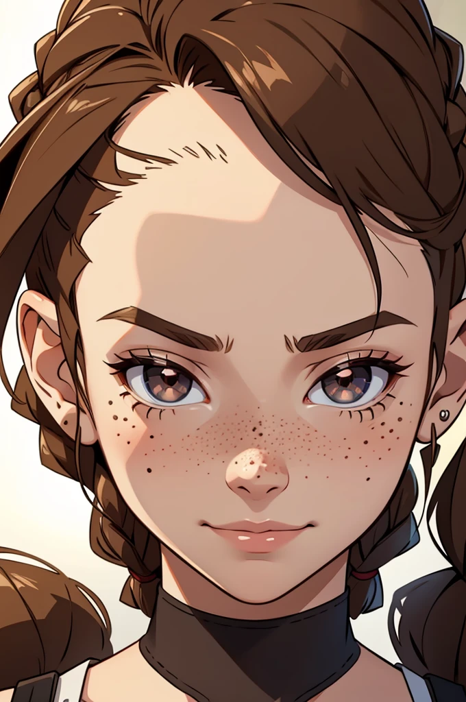 girl, sharp eyes, freckles, smirk, brown hair, braids, best quality, expressive eyes, perfect face, masterpiece, 4K, 8K