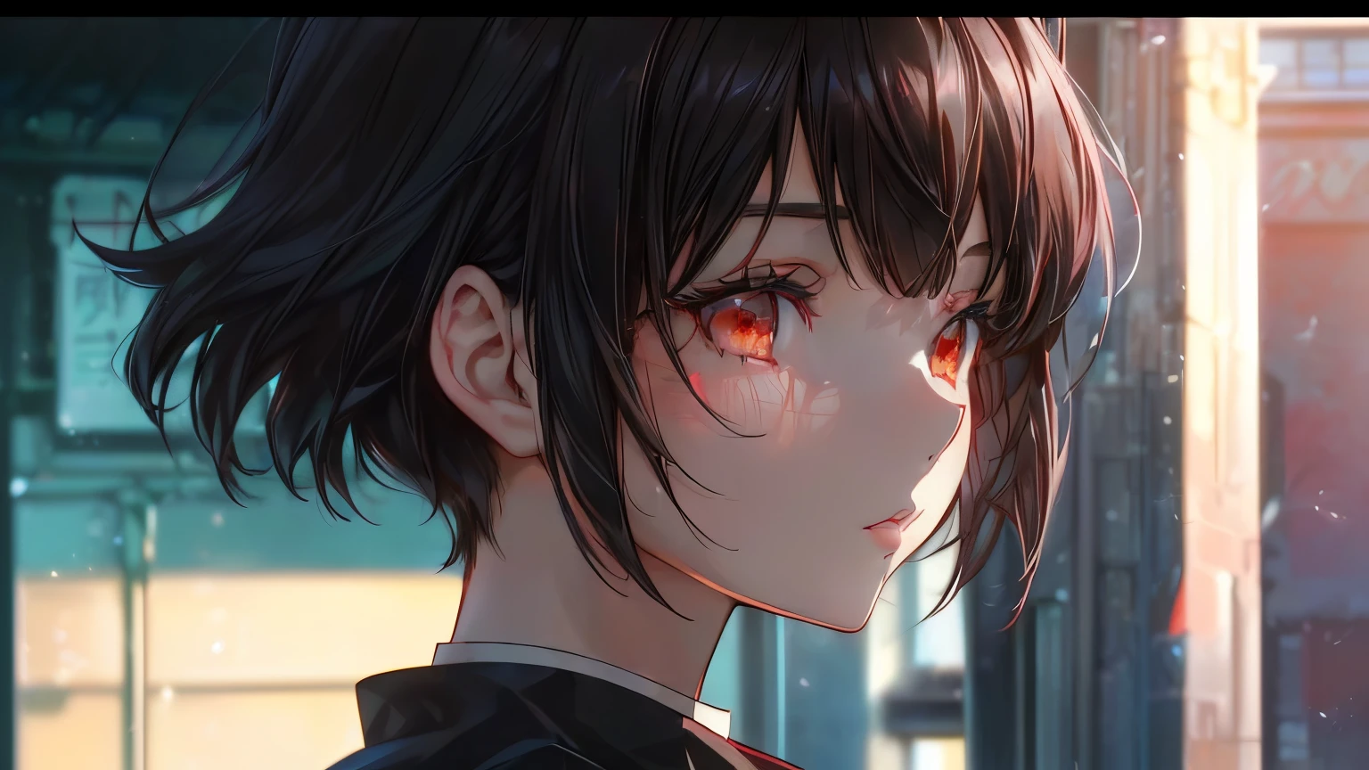 anime girl with black hair and red eyes staring at something, ilya kuvshinov face, close up of a young anime girl, close up iwakura lain, screenshot from the anime film, makoto shinkai style, makoto shinkai. high detail, ilya kuvshinov. 4 k, makoto shinkai. —h 2160