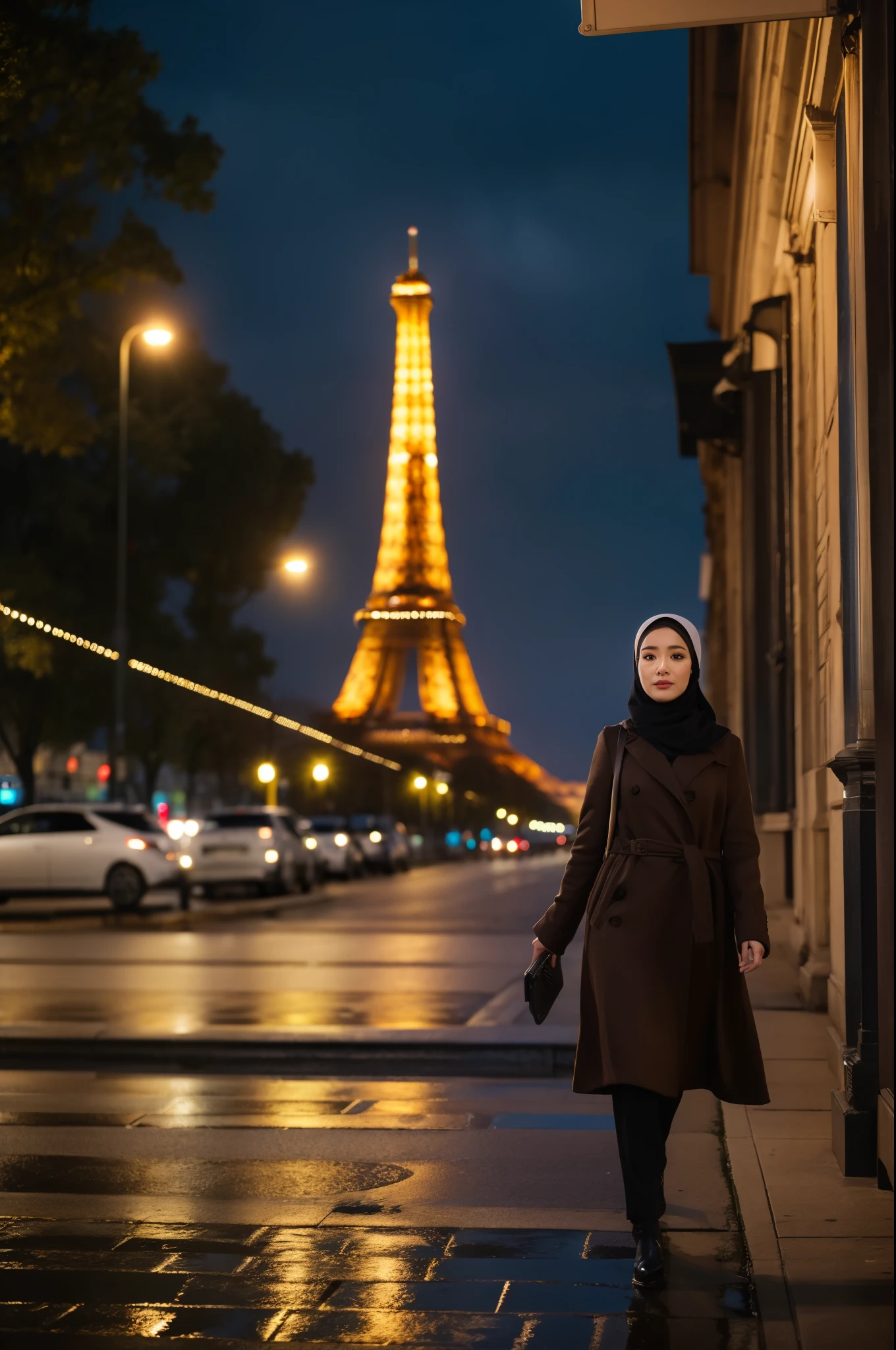 Create a cinematic shot of a gorgeous 26-year-old Indonesian woman walking in the middle of a park. She is dressed in elegant winter fashion, with a long hijab wrapped around her neck, covering all her hair. Her face is symmetrical and stunning, with natural makeup, and she exudes a sultry, flirty look. The scene is set at night with drizzling rain, wet streets, and lots of pedestrians strolling around. The Eiffel Tower stands majestically in the background, illuminated against the night sky.
Use a Medium Long Shot to capture her full-length appearance as she walks. The camera tracks her subject walking forwards, maintaining a steady view of her elegant winter attire and the surrounding park environment. The streets and the Eiffel Tower should be in sharp focus, showcasing the cinematic lighting and the realistic, detailed atmosphere of the scene. The resolution should be ultra HD and 4K to highlight every aspect of her attire and the environment.