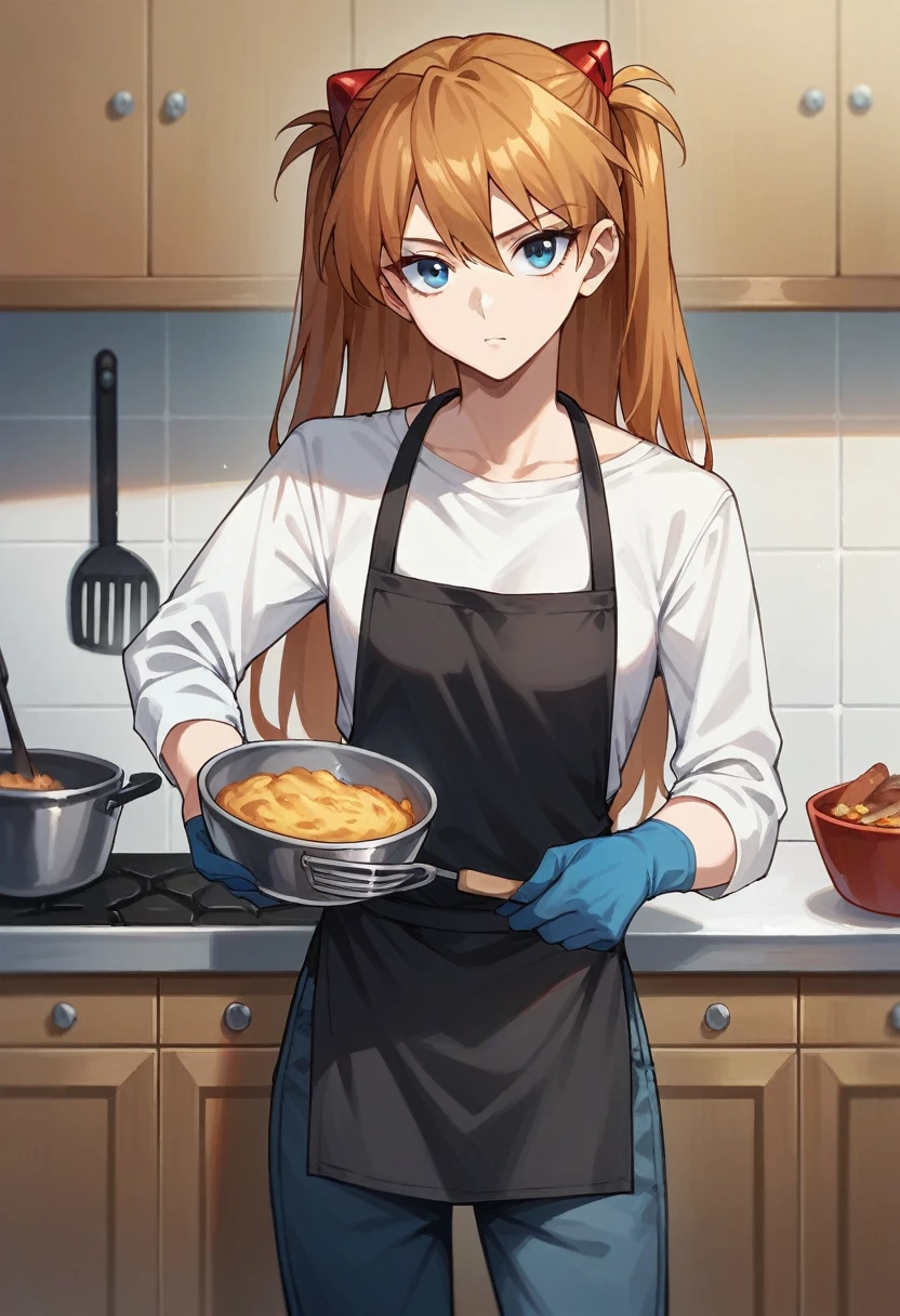 1girl, Souryuu Asuka Langley, ((blue half elbow gloves)), (white shirt), ((long sleeves)), (black apron), (pants), looking at viewer, standing, ((cooking)), solo