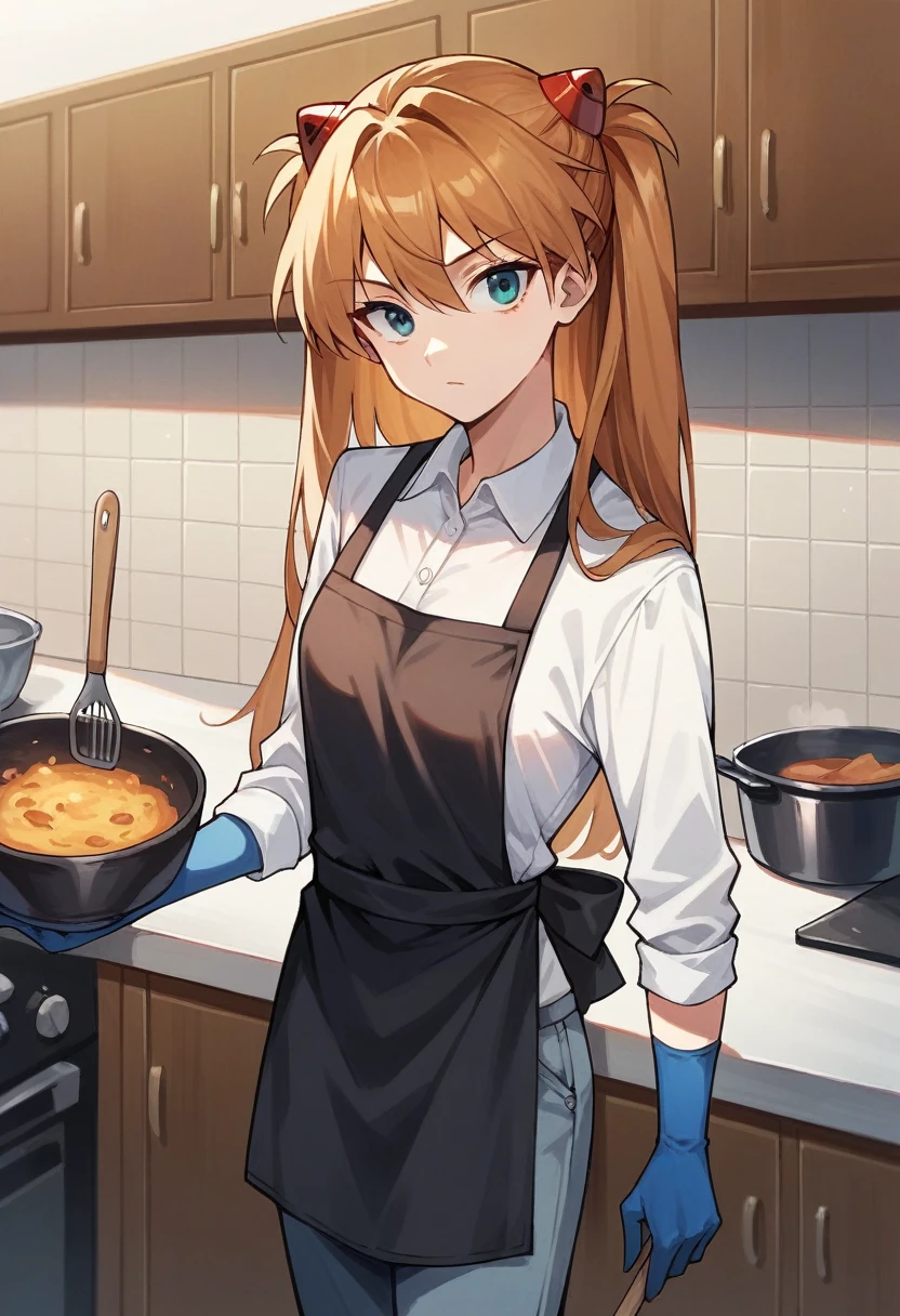 1girl, Souryuu Asuka Langley, ((blue half elbow gloves)), (white shirt), ((long sleeves)), (black apron), (pants), looking at viewer, standing, ((cooking)), solo

