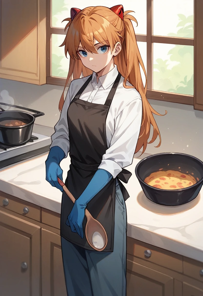 1girl, Souryuu Asuka Langley, ((blue half elbow gloves)), (white shirt), ((long sleeves)), (black apron), (pants), looking at viewer, standing, ((cooking)), solo