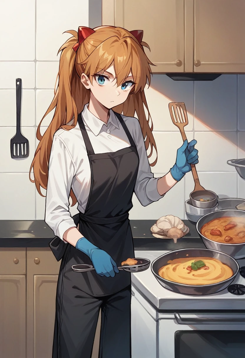 1girl, Souryuu Asuka Langley, ((blue half elbow gloves)), (white shirt), ((long sleeves)), (black apron), (pants), looking at viewer, standing, ((cooking)), solo

