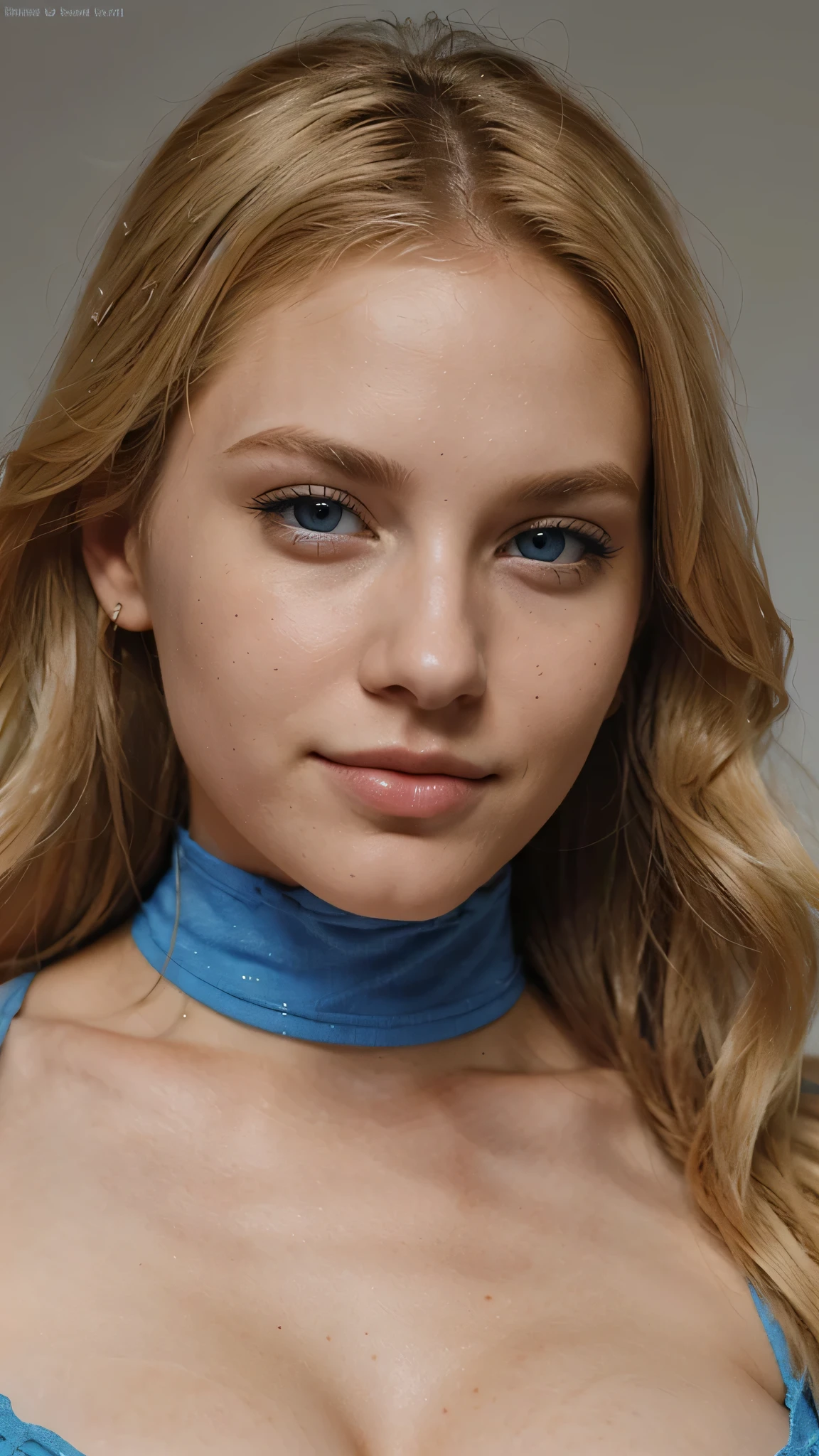 american woman, blond medium hair, blue eyes, 24 years old, stylist, smirk, sexy posing, ((close-up)), wearing top