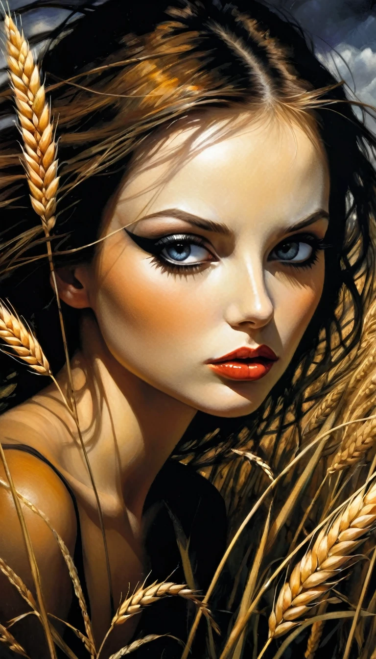 a sexy girl in the middle of a wheat field, serious, stare, dark clouds, eroticism, sexy image, black and white, between shadows, oil painting, chiaroscuro, sensual lighting, dramatic, moody atmosphere, (best quality,4k,8k,highres,masterpiece:1.2),ultra-detailed,(realistic,photorealistic,photo-realistic:1.37),intricate details,vivid colors,sharp focus,professional,Dave McKean artwork, oil touch of surrealism,oil painting style,portrait,woman,beautiful detailed eyes,beautiful detailed lips,dreamlike atmosphere,shadow play,soft lighting,playful pose,dark hues,ethereal background,fantasy elements,texture,layered composition.