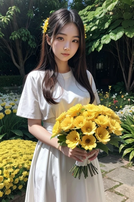 24 year old Asian woman in a garden holding a vase of flowers wearing white and yellow clothes with a flower in her hair 