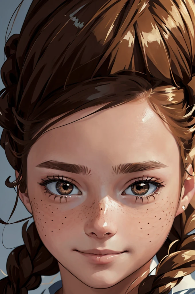 girl, sharp eyes, freckles, smirk, brown hair, braids, best quality, expressive eyes, perfect face, masterpiece, 4K, 8K