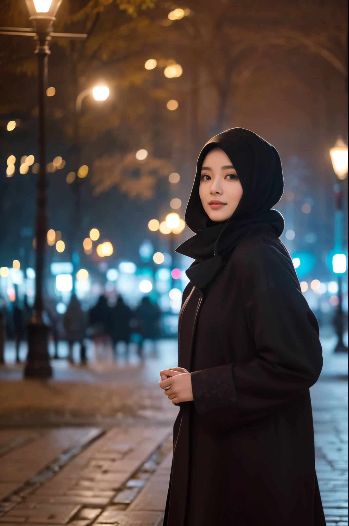 Create a cinematic shot of a gorgeous 26-year-old Indonesian woman walking in the middle of a park. She is dressed in elegant winter fashion, with a long hijab wrapped around her neck, covering all her hair. Her face is symmetrical and stunning, with natural makeup, and she exudes a sultry, flirty look. The scene is set at night with drizzling rain, wet streets, and lots of pedestrians strolling around. The Eiffel Tower stands majestically in the background, illuminated against the night sky.
Use a Medium Long Shot to capture her full-length appearance as she walks. The camera tracks her subject walking forwards, maintaining a steady view of her elegant winter attire and the surrounding park environment. The streets and the Eiffel Tower should be in sharp focus, showcasing the cinematic lighting and the realistic, detailed atmosphere of the scene. The resolution should be ultra HD and 4K to highlight every aspect of her attire and the environment.