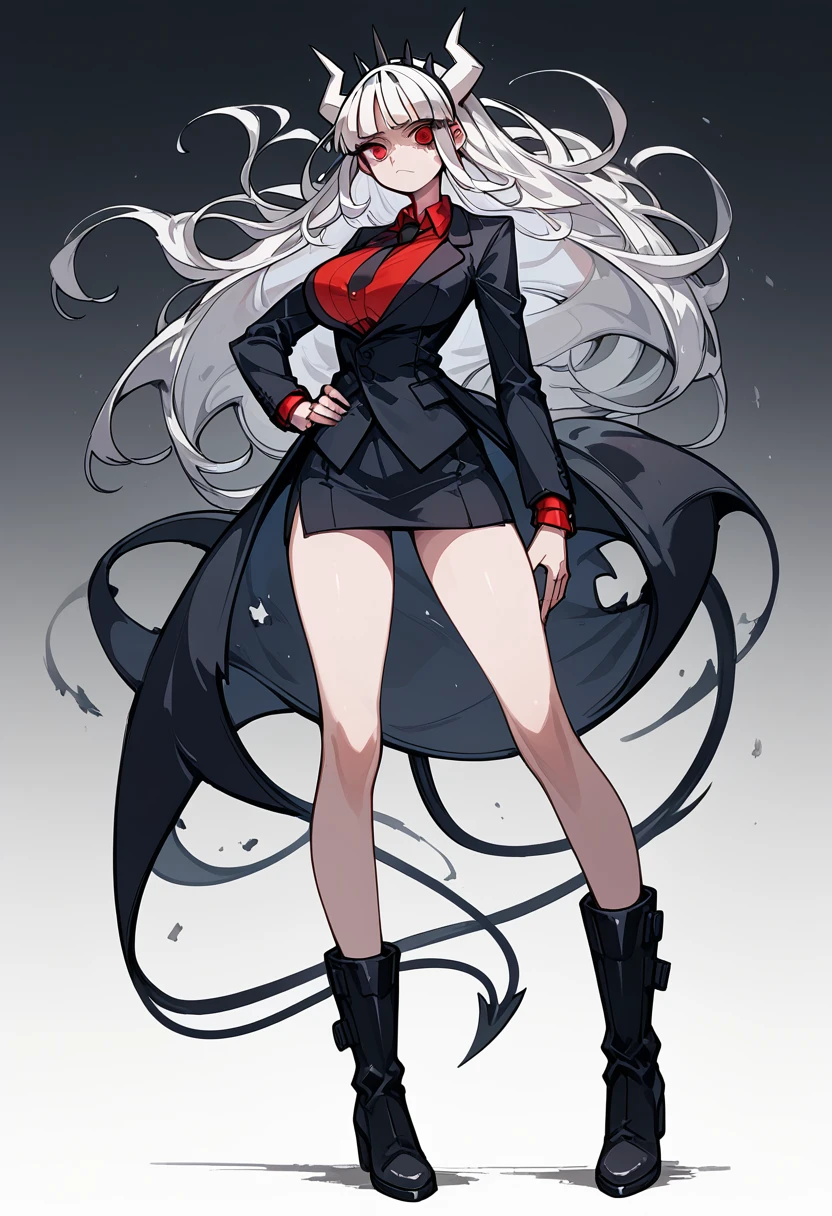 Masterpiece, best quality, Masterpiece, best quality, 1 woman , lucifer (helltaker) , long white hair , red eyes. , sly face , suit , กางเกงLong legs , big breasts , , abdomen , Long legs , Put your hands on your hips... , boots ,