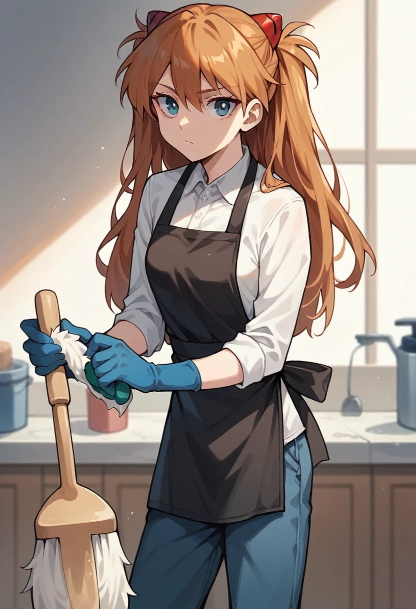 1girl, Souryuu Asuka Langley, ((blue half elbow gloves)), (white shirt), ((long sleeves)), (black apron), (pants), looking at viewer, standing, ((cleaning)), solo