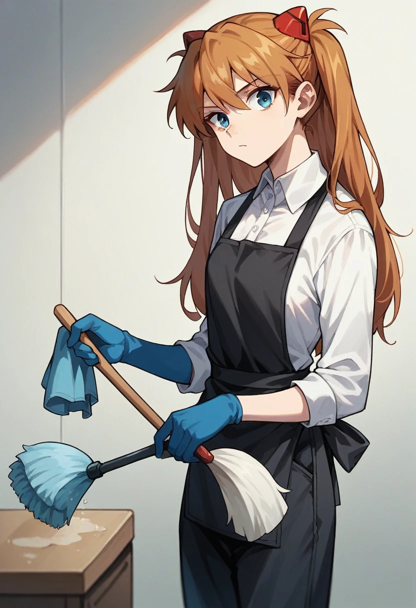 1girl, Souryuu Asuka Langley, ((blue half elbow gloves)), (white shirt), ((long sleeves)), (black apron), (pants), looking at viewer, standing, ((cleaning)), solo