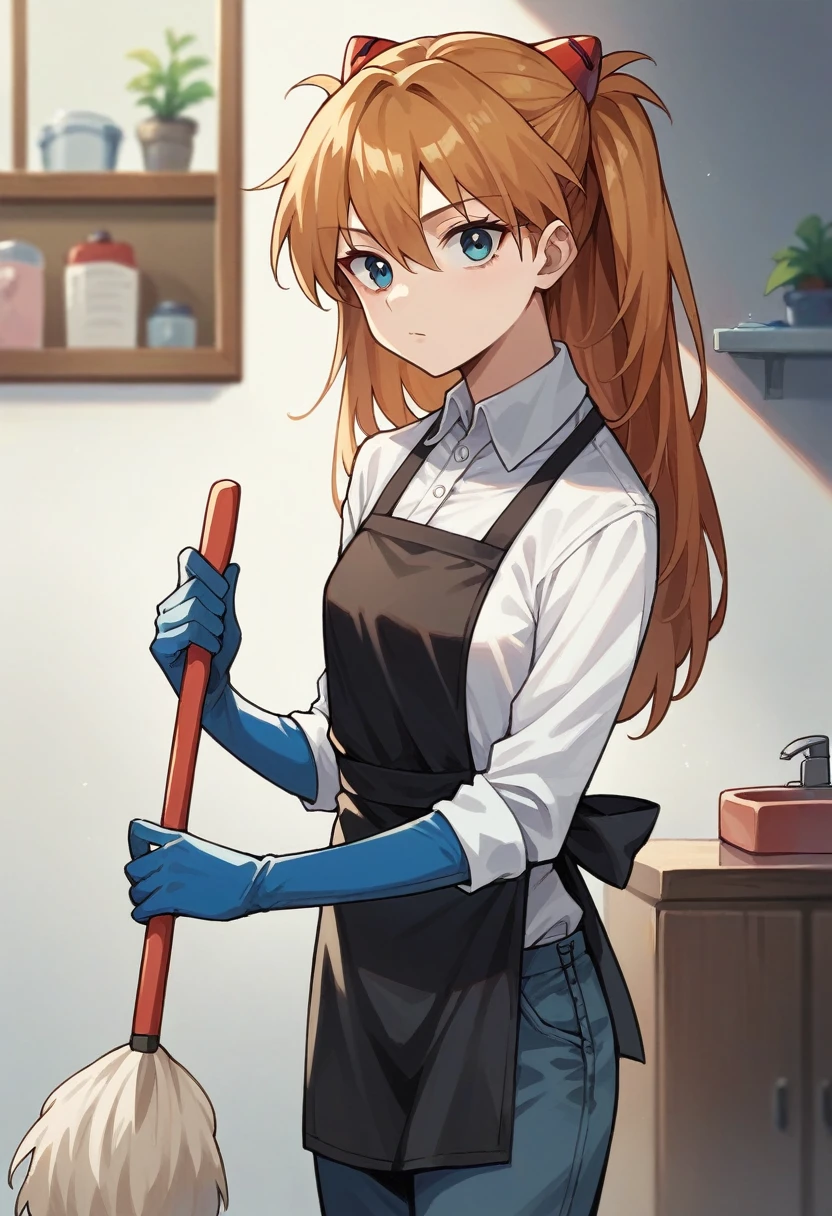 1girl, Souryuu Asuka Langley, ((blue half elbow gloves)), (white shirt), ((long sleeves)), (black apron), (pants), looking at viewer, standing, ((cleaning)), solo

