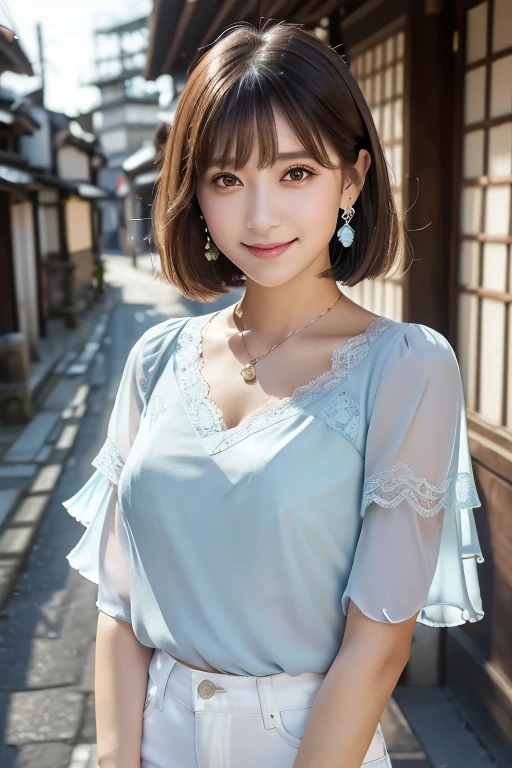 girl, White skin, ((Dark brown short tiered hair)), (Dark brown short hair),V cut with layers and bangs, Brown eyes, Soft atmosphere characteristics (Highest quality, Ultra-high resolution, 8k, RAW Photos, Ultra-high resolution: 1.2, masterpiece: 1.3), (Realistic, Realistic: 1.37), Very detailed, Professional Lighting, Photon Mapping, Radio City, 物理ベースレンダring, One Girl, (high school girl), Sharp focus:1.2、Beautiful woman:1.4,cute, Nice,(Adorable smile:1.2), Normal chest, Cross Necklace、Earrings、ring,(Cleavage)、(((Model Pose:1.2),(Looking at camera:1.3)(kyoto:1.2,))),(Selfie:1.1),, BREAK, (Feminine outfit:1.5), (Pastel blue chiffon blouse:1.4), (White denim pants:1.4), (Romantic atmosphere:1.4), (Lace inner layer:1.4),