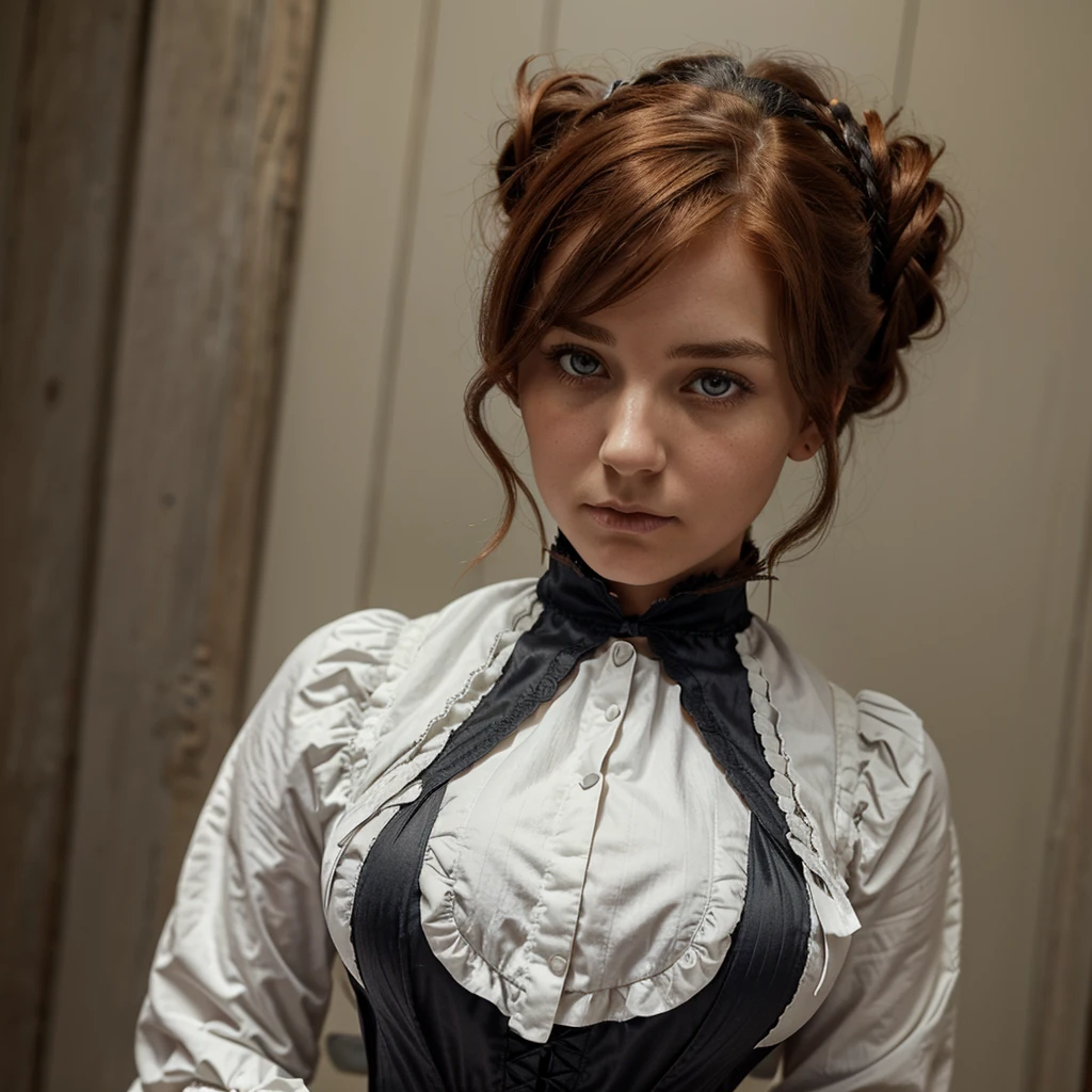 A victorian woman in her early twenties. She has auburn hair and grey eyes. She is curvy, has a slight hook nose, she has hooded eyes. She wears a typical victorian modest outfit with a high collar and her hair in a typical victorian updo. She looks slightly irritated. Front view. Semi-realistic.