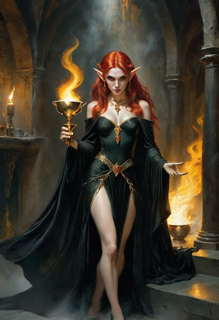 1 magician woman, expressive black eyes, elf ear, red hair, barely dressed with a black drape, using his fire magic ,ritual pose , a golden cup in one hand and a dagger in the other full length portrait , mystical dungeon interior atmosphere in background, detail richness, masterpiece, best quality