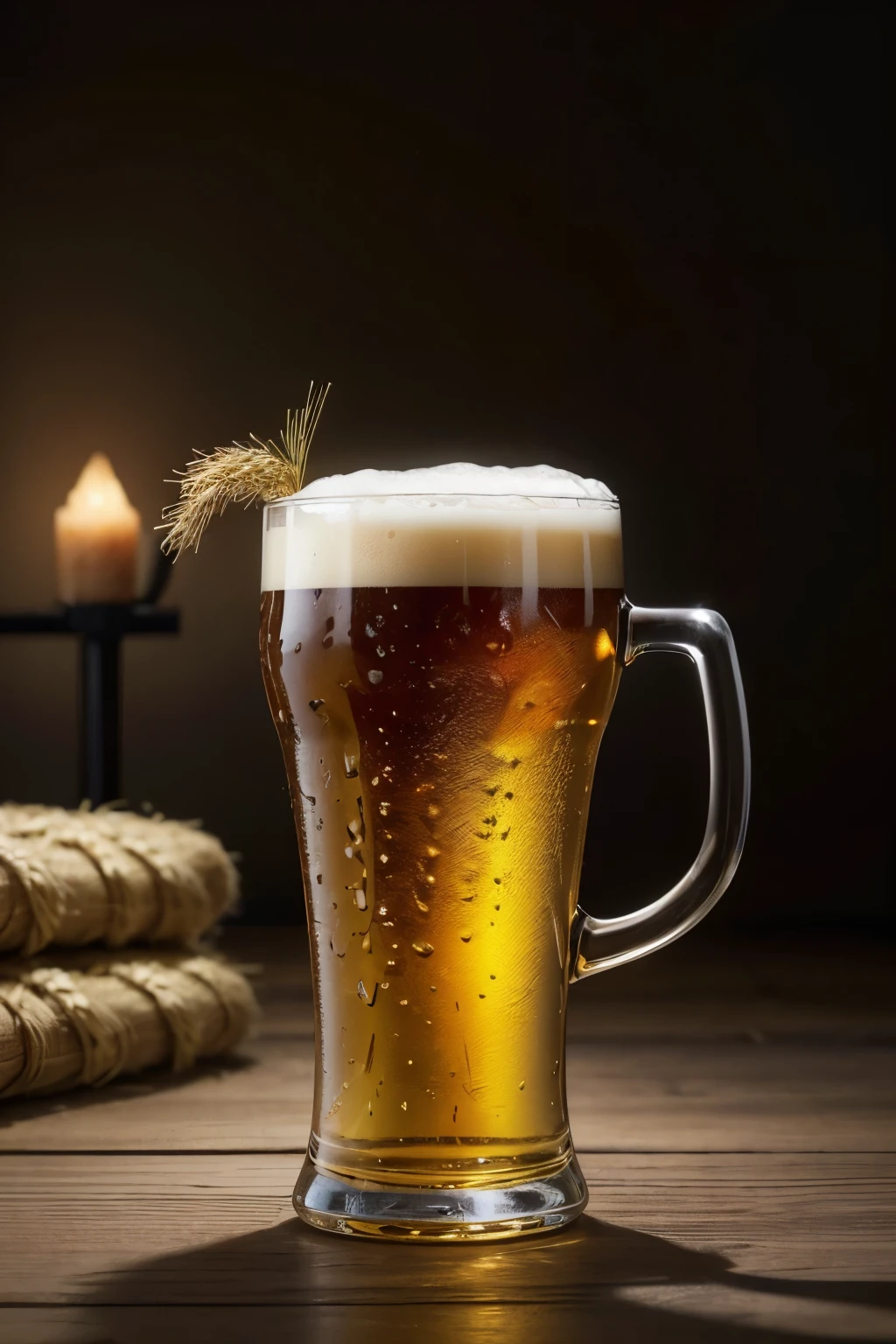 A realistic photograph of a glass of beer. Alongside it is possible to see several branches of barley. The photograph was taken at the beer factory.
